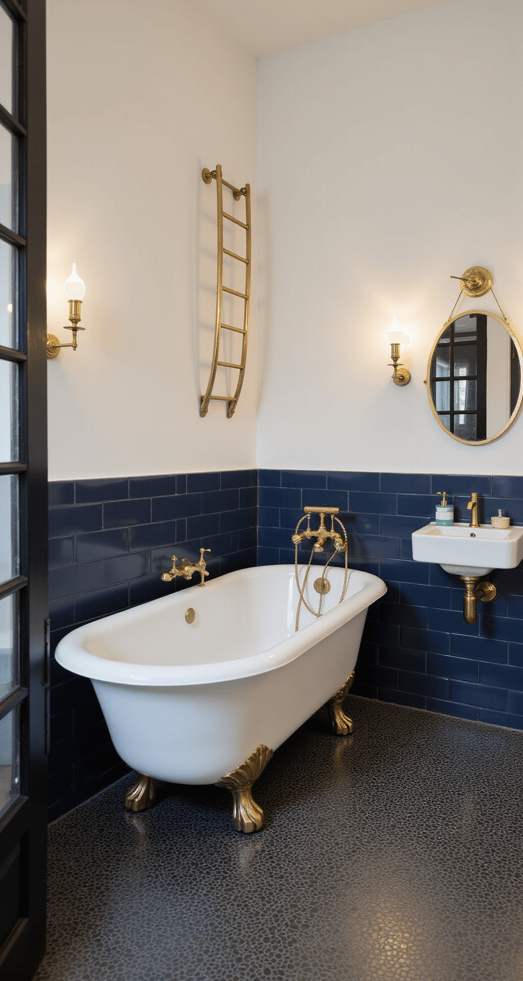 Stylish 3x2 bathroom featuring a clawfoot tub with a telephone shower fixture, navy penny tiles on the floor and partially on the walls, a slim brass-framed mirror above a petite wall-mounted sink, vintage-inspired sconces, and a ladder-style towel rack, captured from a low angle to emphasize the tub and intricate floor detail.