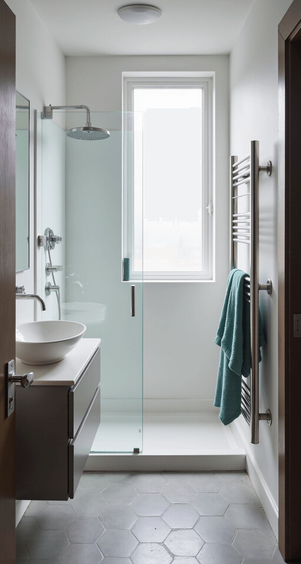 A modern compact bathroom featuring a wall-mounted floating vanity in matte white, a sleek vessel sink, and a glass shower enclosure. The room is illuminated by soft morning light through a frosted window, with hexagonal light gray floor tiles and a slim brushed nickel storage unit. Muted teal accents are present in towels and artwork, creating a clean, minimalist, and airy atmosphere.