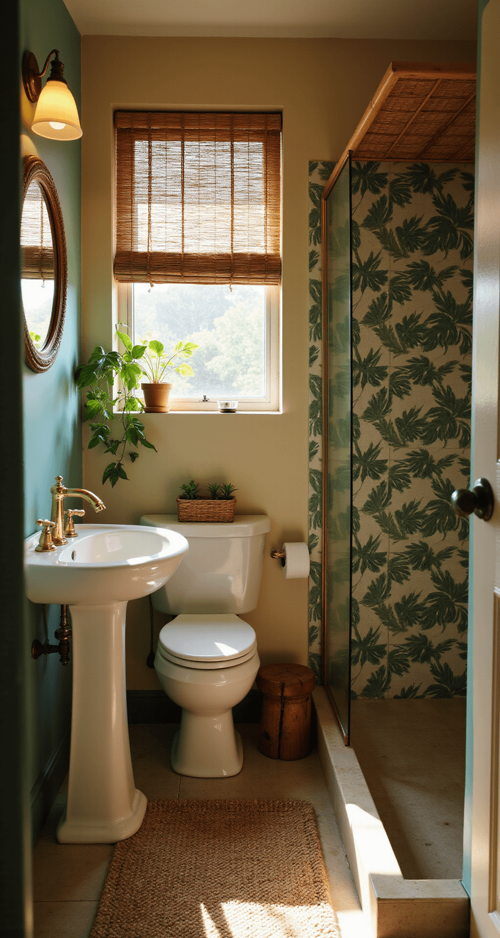 A cozy tropical-inspired bathroom featuring a freestanding pedestal sink with brass fixtures, a leaf-patterned glass shower door, and over-toilet rattan shelving, all illuminated by warm golden hour light filtering through bamboo blinds. Natural stone-look vinyl flooring complements a color palette of sandy beige, deep teal, and lush green, while a pothos plant and teak stool add to the relaxed, exotic atmosphere.