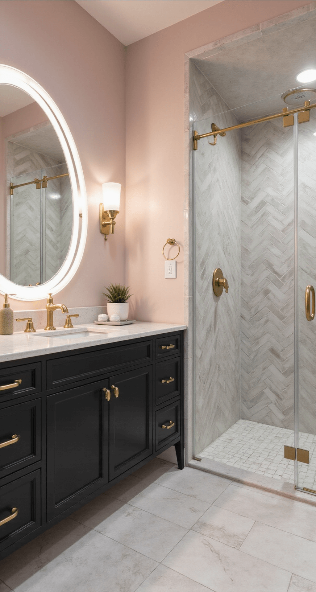 Chic bathroom featuring oversized round mirror with LED backlight, matte black floating vanity with gold hardware, herringbone subway tile backsplash, pocket door, blush pink and white color scheme with gold accents, and custom marble-effect shower wall decals, captured in dramatic afternoon light from a high angle.