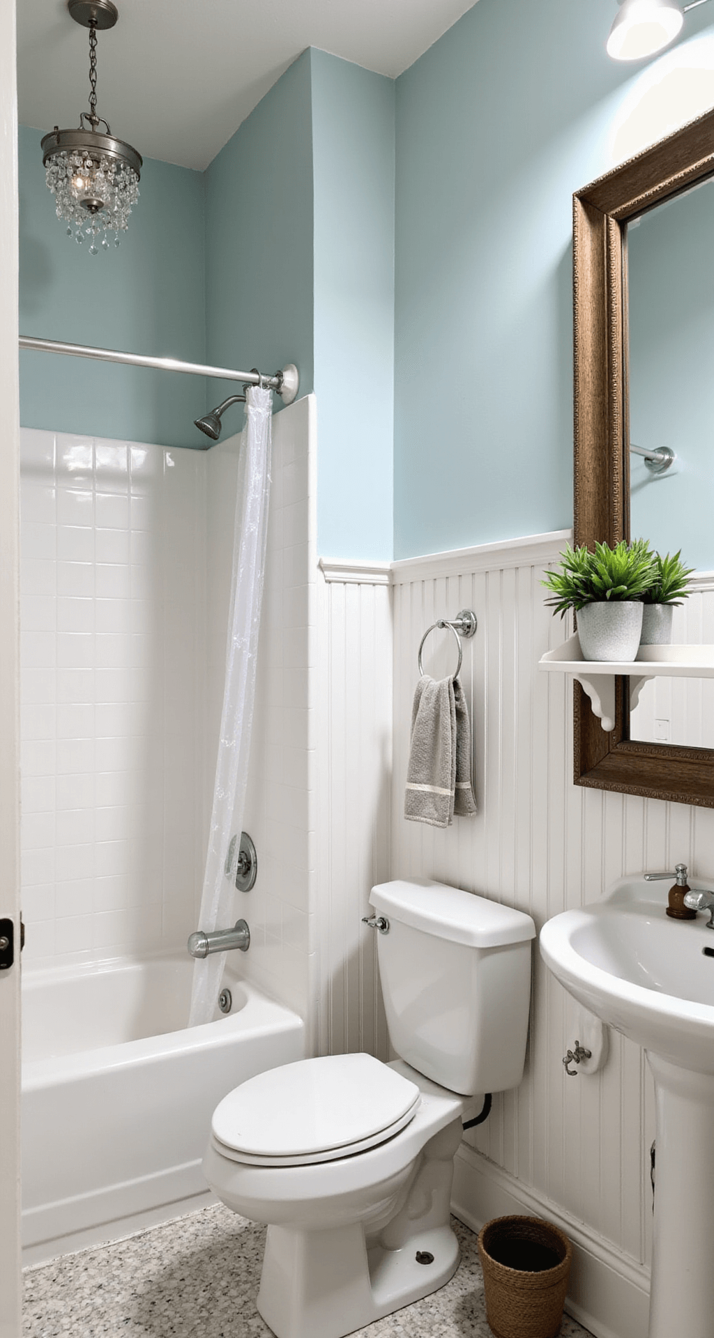 A small Bloxburg bathroom with a wall-mounted toilet and micro sink, featuring a corner shower with a clear curtain. The space is illuminated by cool morning light, showcasing a small chandelier and white beadboard on lower walls, with pale blue paint above. A framed mirror serves as hidden storage, and a succulent is displayed in a wall-mounted planter. The eye-level shot captures the cozy and efficient design.
