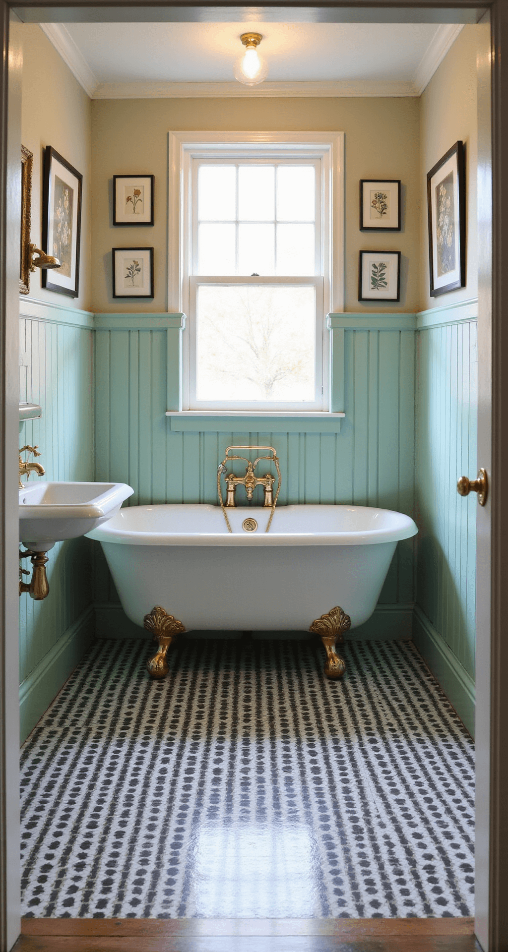 A vintage-inspired bathroom featuring a clawfoot tub under a small window, a pedestal sink with cross-handle faucets, and black and white hexagonal floor tiles. The walls are adorned with soft mint green wainscoting and framed botanical prints, highlighted by brass fixtures and a mirror frame. The scene is bathed in natural and warm artificial light, evoking a nostalgic and charming atmosphere.