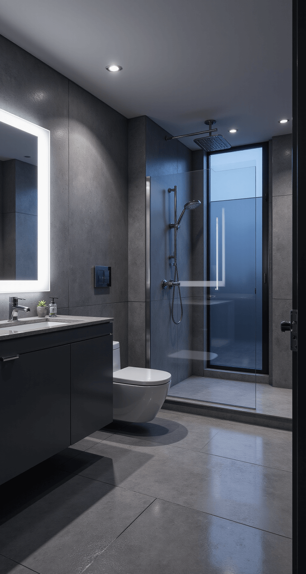 Ultra-modern bathroom with a backlit LED mirror, wall-hung fixtures, sleek walk-in shower, and floating gray vanity, featuring a charcoal, white, and chrome color scheme, highlighted by cool bluish lighting and dramatic shadows.