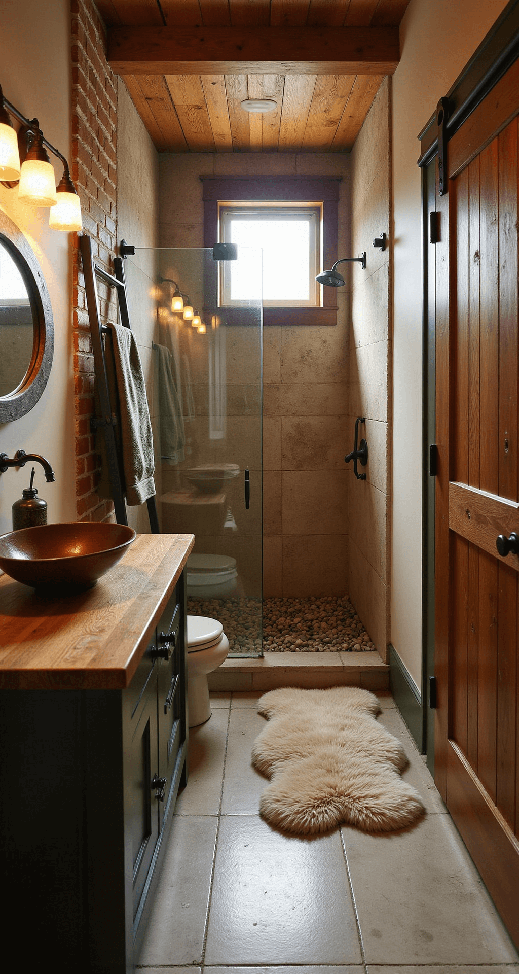 A cozy rustic-luxe bathroom featuring a reclaimed wood vanity with a copper vessel sink, a stone-look shower with pebble flooring, and an exposed brick accent wall. Warm afternoon light filters through a small window, highlighting vintage-style floor tiles and a faux sheepskin rug. A barn door and ladder-style towel rack add functionality, while a color palette of warm neutrals with deep green accents enhances the indulgent atmosphere.