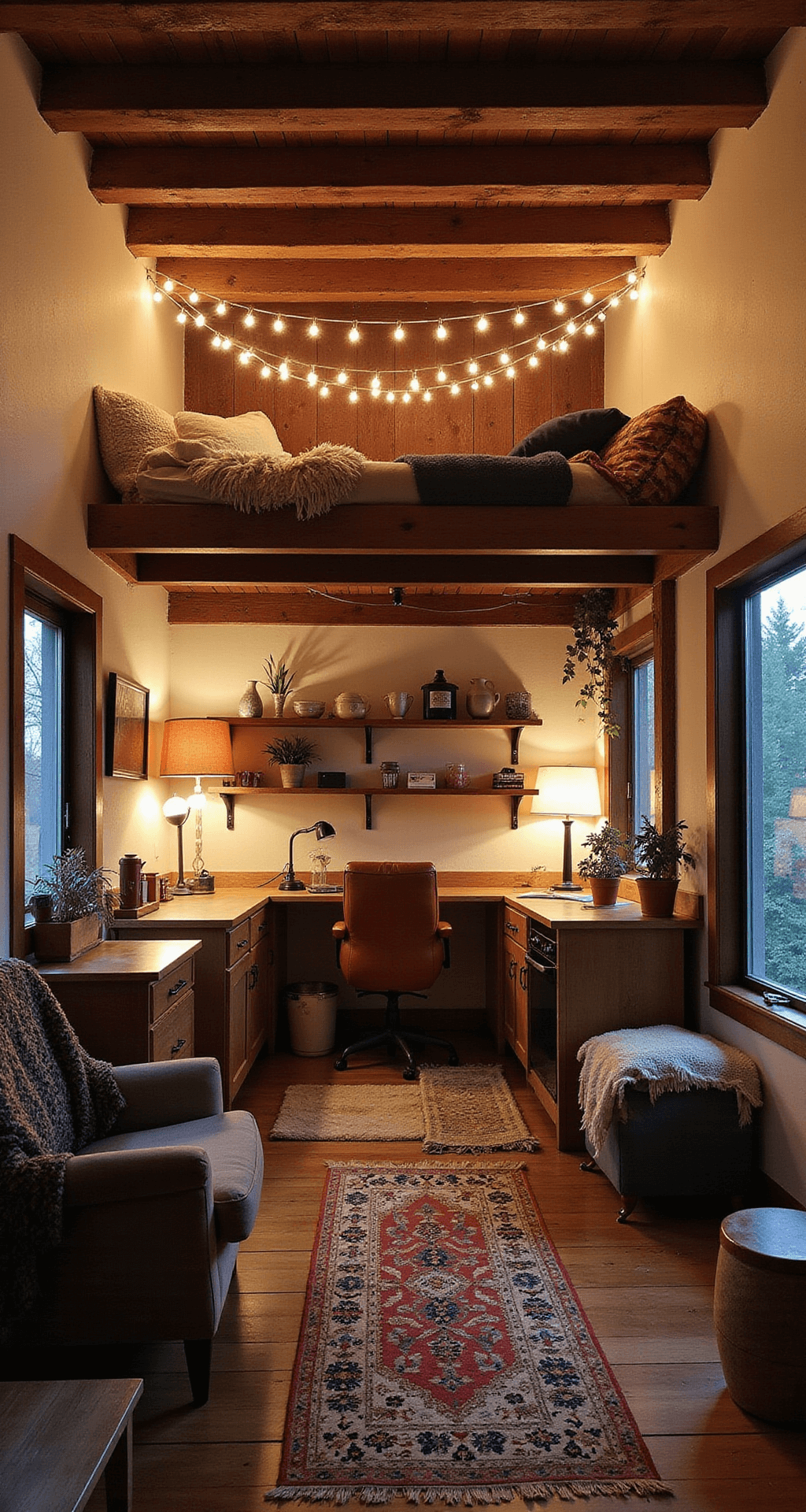 Bloxburg Apartment Layout Ideas and Designs Cozy Bloxburg studio apartment at dusk with a loft bed, workspace underneath, warm string lights, a small kitchenette with mismatched pottery, a vintage leather armchair by the window, and earthy-toned throw blankets and rugs, all captured from a high angle to highlight the intimate ambiance.
