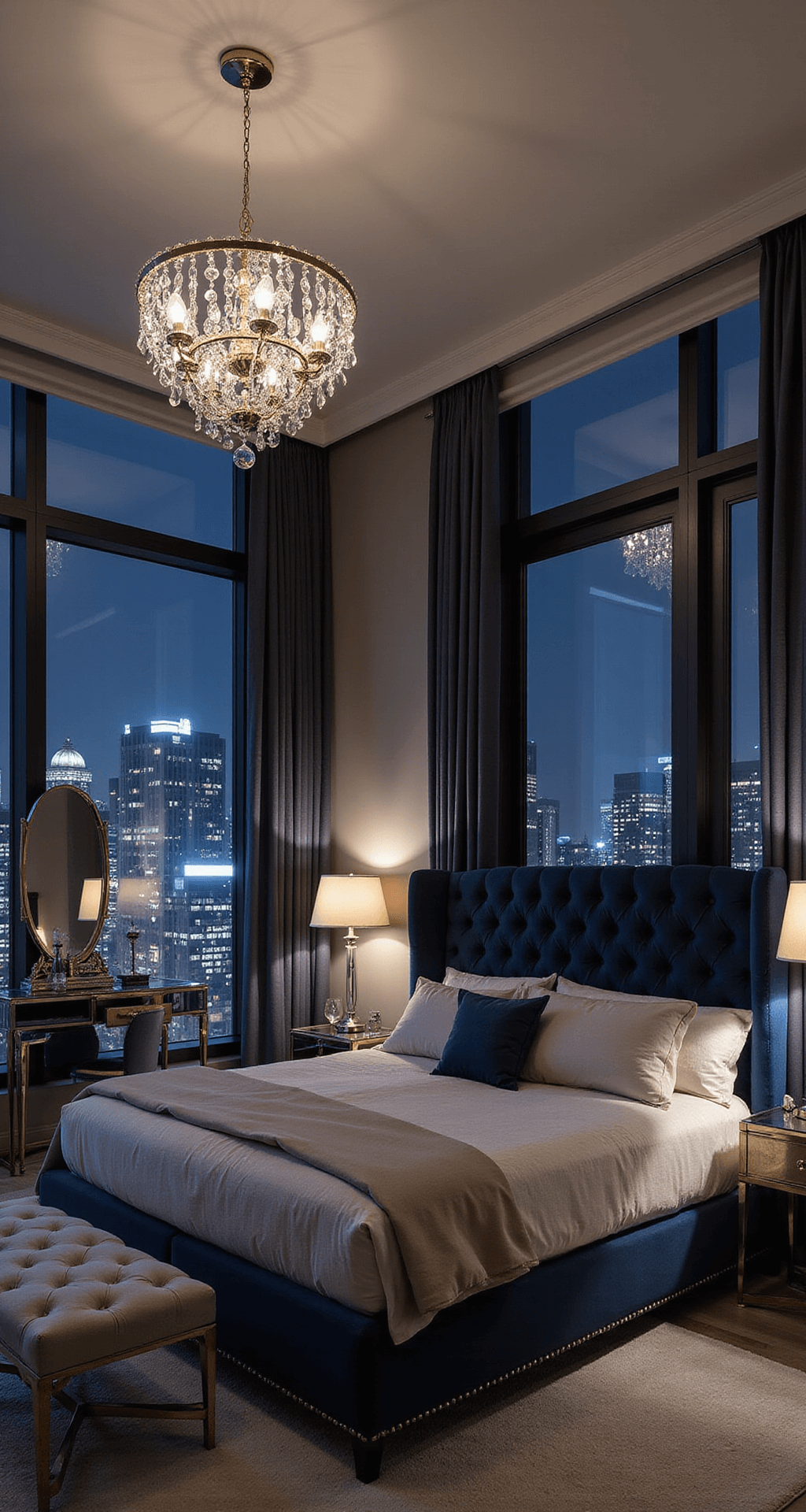 Bloxburg Apartment Layout Ideas and Designs A luxurious Bloxburg highrise bedroom at night featuring a king-size bed with a tufted navy velvet headboard, floor-to-ceiling windows showcasing a city view, a crystal chandelier, mirrored vanity, and a sleek walk-in closet, all adorned with metallic accents in a monochromatic color scheme.