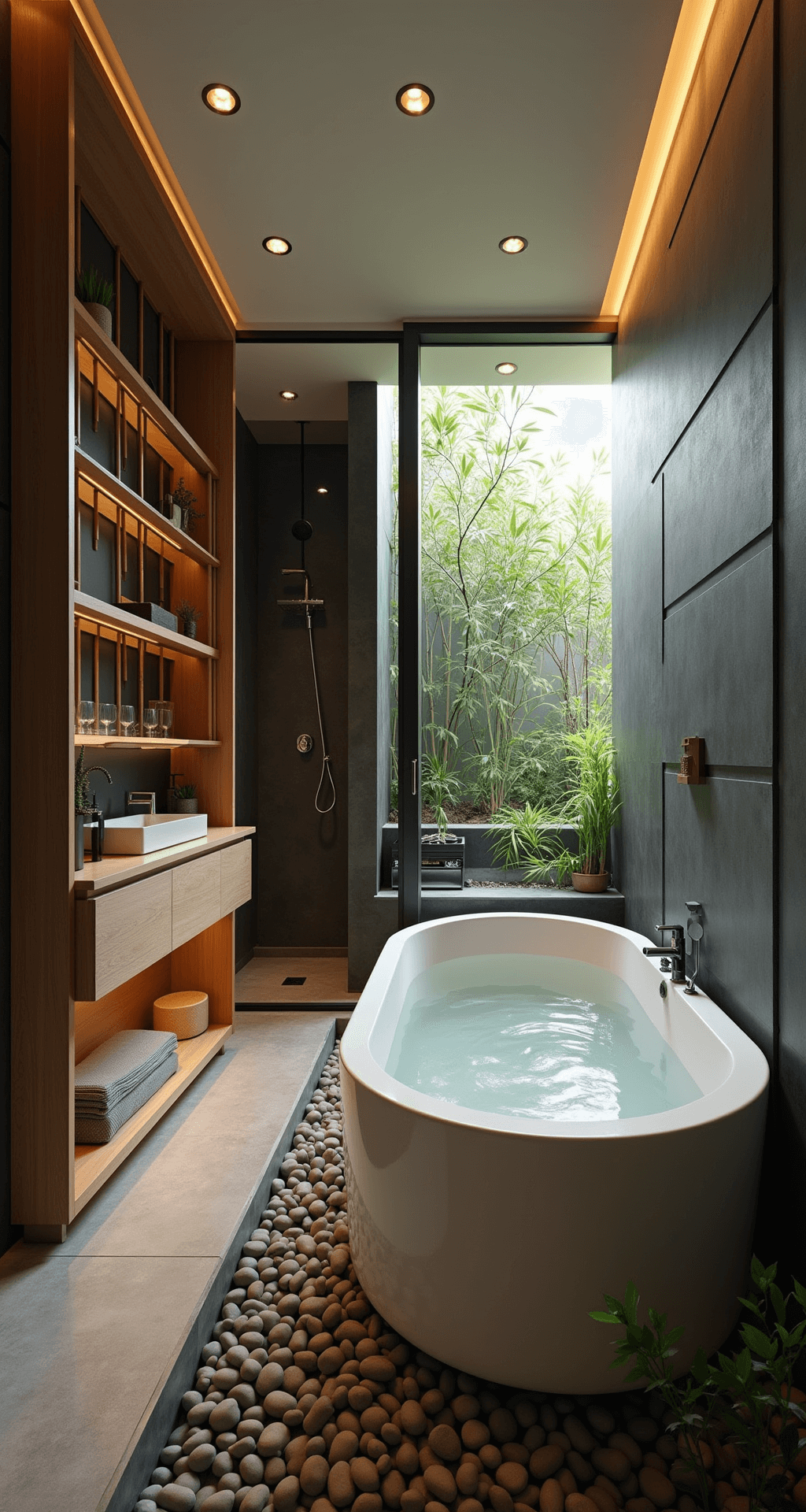 Bloxburg Apartment Layout Ideas and Designs A serene Bloxburg apartment bathroom designed like a Japanese onsen, featuring a large soaking tub with river stones, natural wood vanity, sleek black tile floors, a glass-partitioned rain shower, bamboo plants, and soft recessed lighting, captured from an eye-level perspective in one corner.