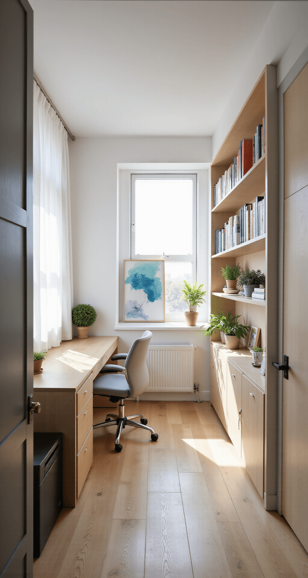 Bloxburg Apartment Layout Ideas and Designs A bright and airy Bloxburg apartment home office featuring a large window with sheer curtains, a modern light wood desk and ergonomic light gray chair, built-in bookshelves with color-coded books and small plants, a sleek filing cabinet, and an abstract canvas in blues and greens, all creating a productive atmosphere.