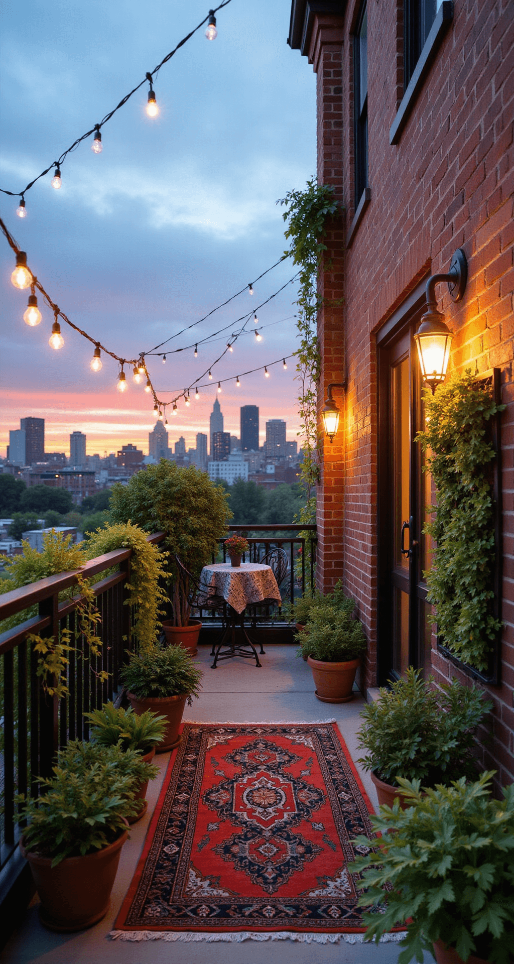 Bloxburg Apartment Layout Ideas and Designs A cozy Bloxburg apartment balcony transformed into an urban oasis at sunset, featuring a small wrought iron bistro set, lush potted plants along the railing, string lights overhead, a colorful outdoor rug, and a vertical herb garden, with the city skyline visible in the background.