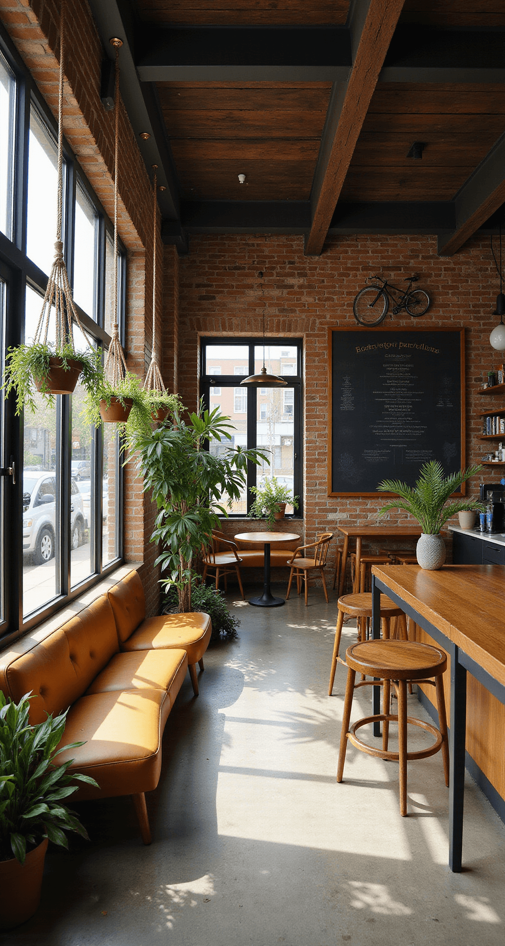Bloxburg Cafe: Inspiration, Setup, and Styling Guide A sunlit cafe with floor-to-ceiling windows, featuring exposed brick walls, polished concrete floors, and a sleek espresso bar. Midcentury modern furniture in warm woods, hanging plants, and a chalk menu board create a cozy atmosphere, highlighted by a vintage bicycle as wall art.