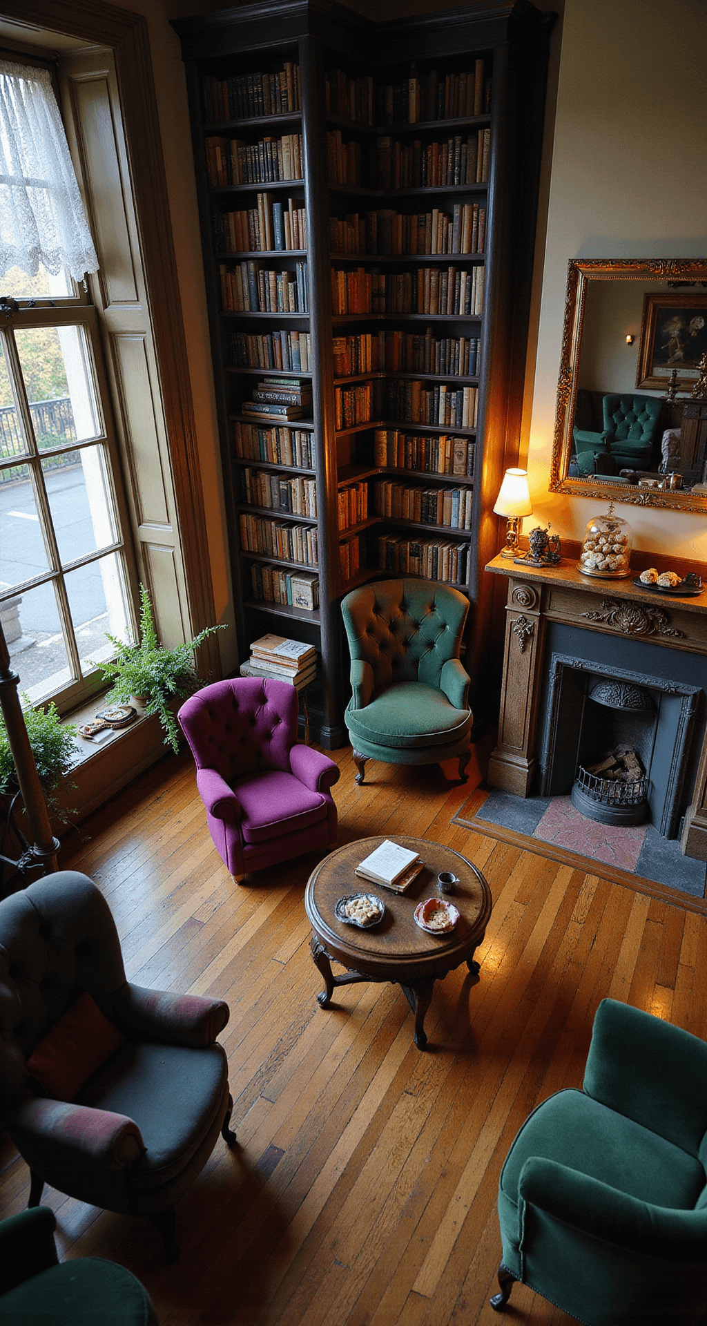 Bloxburg Cafe: Inspiration, Setup, and Styling Guide An inviting bookworm's cafe in a converted Victorian townhouse, featuring original hardwood floors, ornate fireplace, floor-to-ceiling bookshelves, mismatched vintage armchairs, and a petite counter with literary-themed pastries, all illuminated by warm afternoon light filtering through lace curtains. Deep purples, forest greens, and burnished golds create a rich color scheme, with dramatic shadows adding mystery and charm.