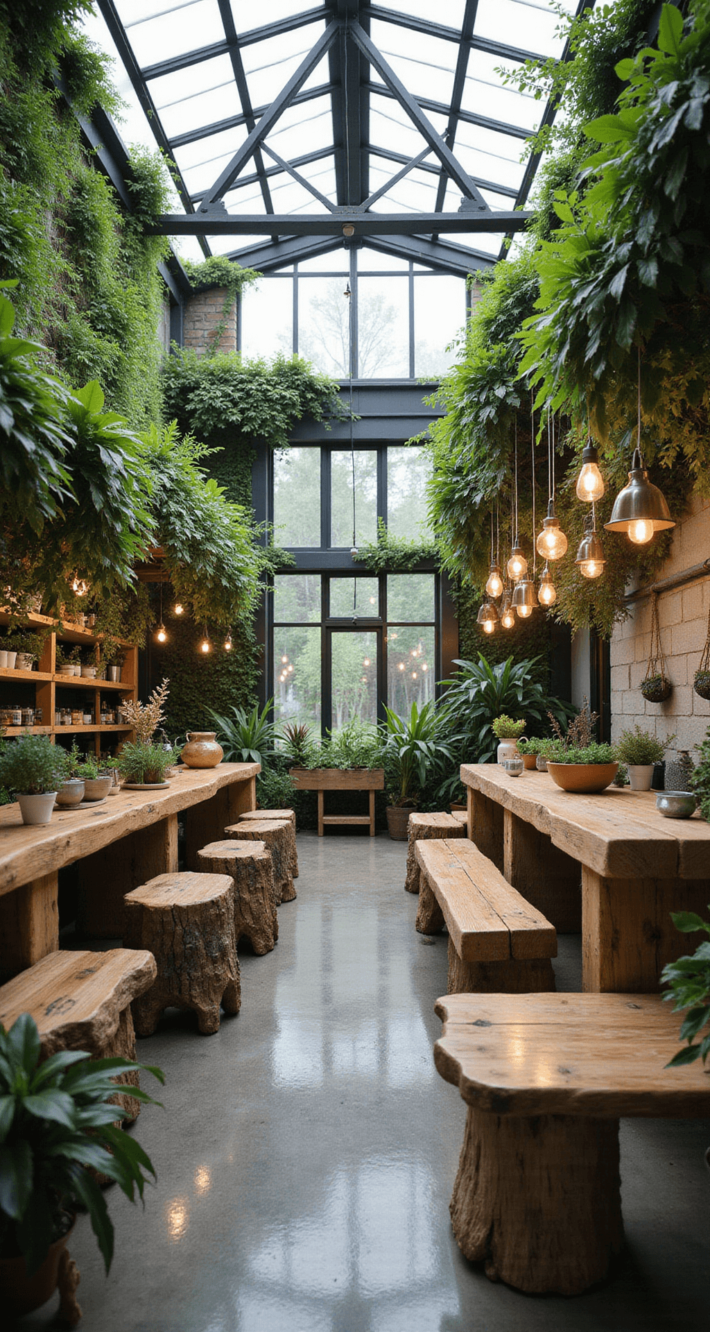 Bloxburg Cafe: Inspiration, Setup, and Styling Guide A bird's-eye view of a serene eco-warrior's cafe inside a light-filled greenhouse, featuring lush greenery, reclaimed wood furniture, a rustic tree counter with plant-based treats, hanging terrariums, and an inviting water feature, all under a soaring glass ceiling.