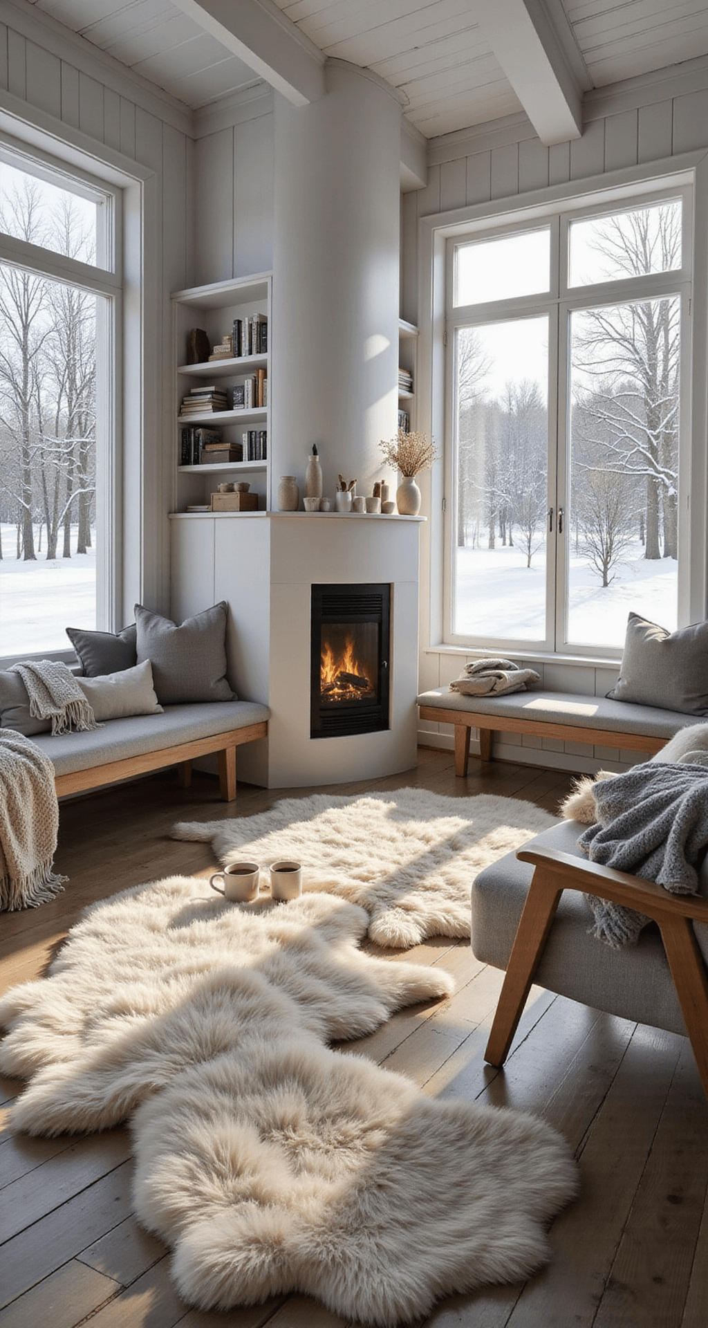 Bloxburg Cafe: Inspiration, Setup, and Styling Guide A cozy Scandinavian-inspired cafe with white-washed wood-paneled walls, large picture windows showing a snowy landscape, minimalist pale wood furniture, and a central fireplace, all bathed in warm, golden light.