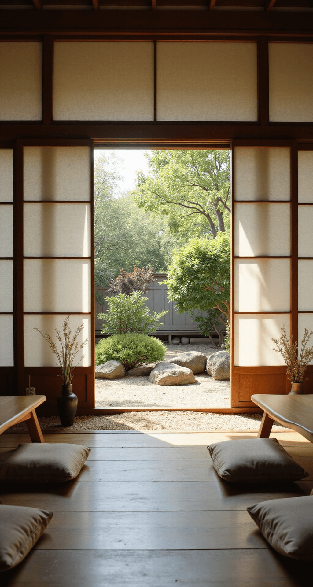 Bloxburg Cafe: Inspiration, Setup, and Styling Guide A tranquil Japanese tea house cafe with shoji screen walls and tatami mat flooring, featuring low wooden tables, floor cushions, and a serene garden view through open rice paper screens, enhanced by soft morning light and a small indoor rock garden.