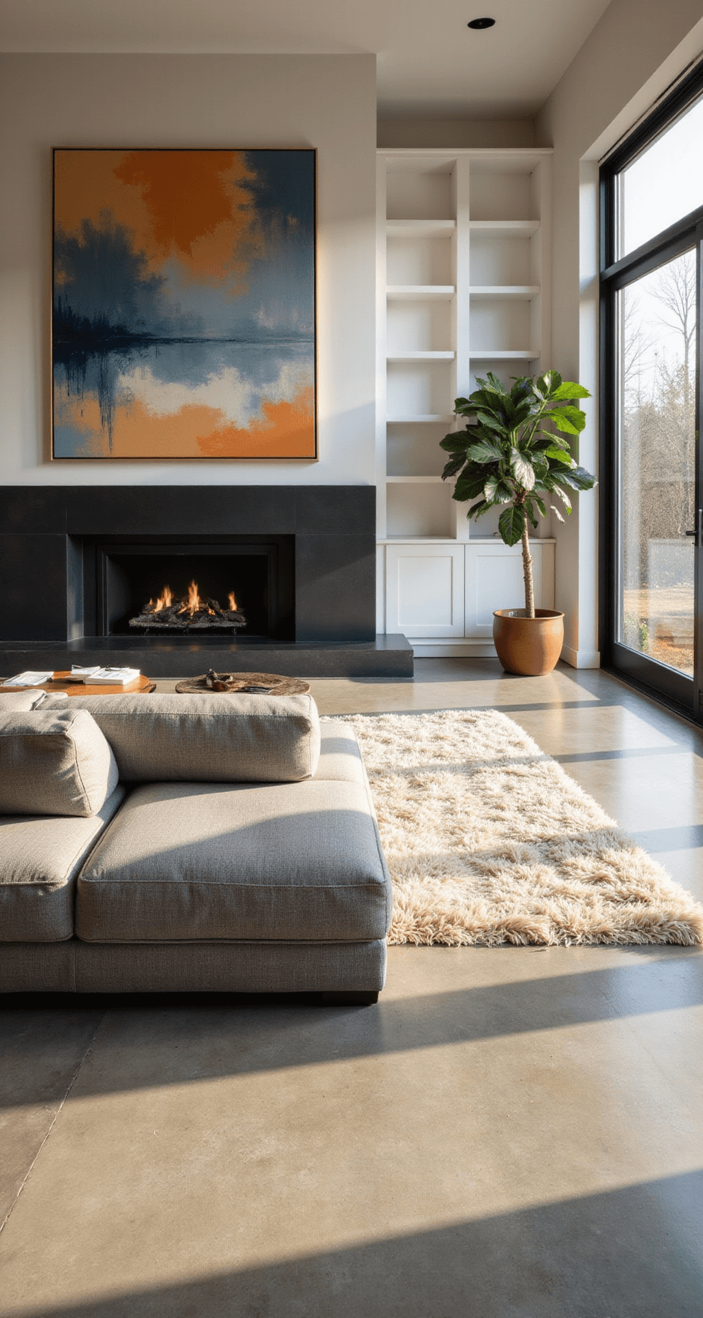 A spacious open-plan living area with warm afternoon light, featuring a gray sectional, black fireplace, built-in white shelving, and abstract artwork. The polished concrete floor is complemented by a cream area rug, while a fiddle leaf fig tree adds greenery. Floor-to-ceiling windows let in natural light.