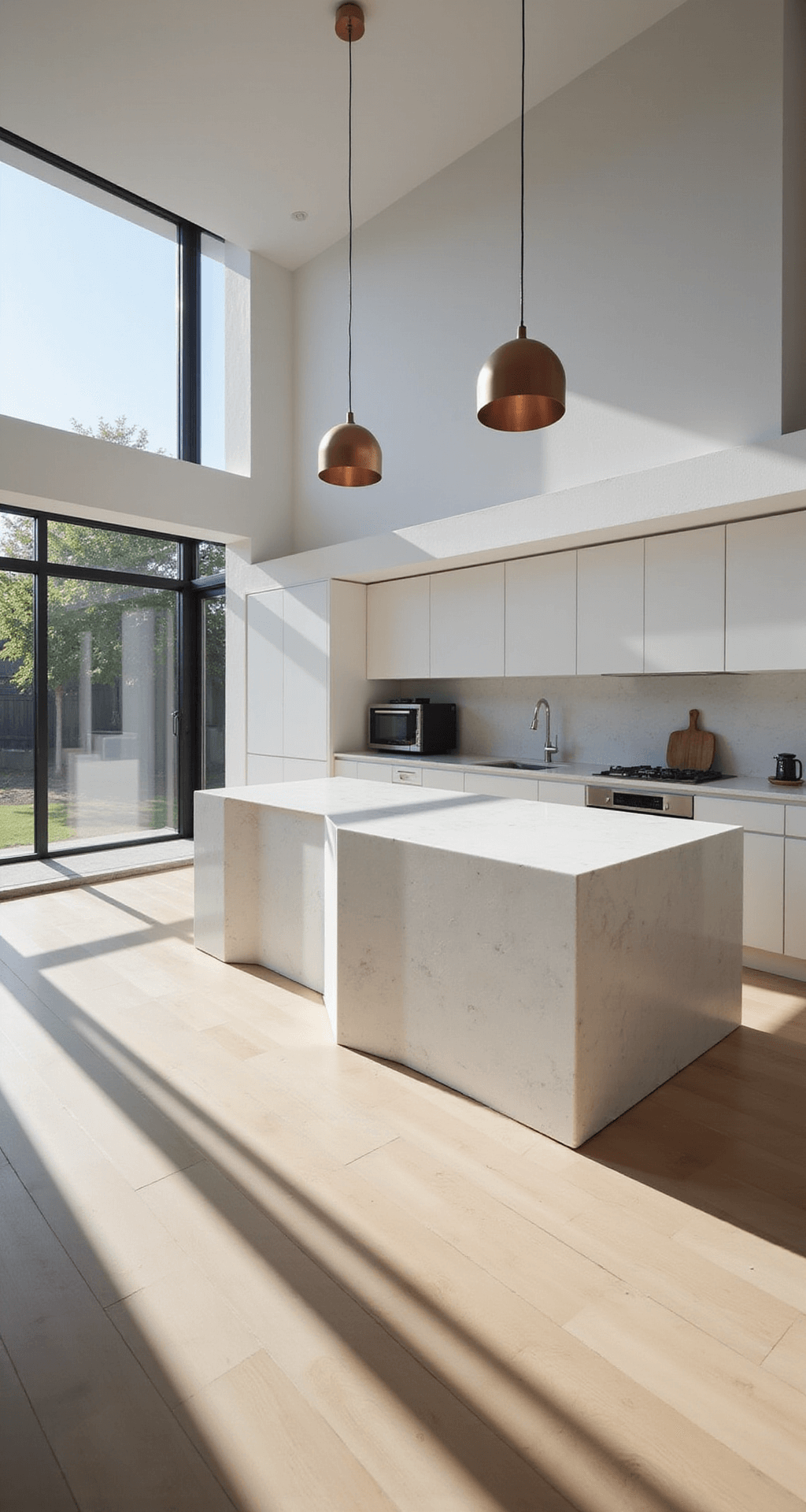 Aerial view of a minimalist kitchen featuring white lacquered cabinets, a large island with a waterfall quartz countertop, and copper-accented pendant lights, illuminated by natural light from floor-to-ceiling windows, with pale wood floors and a sleek design showcasing hidden appliances.