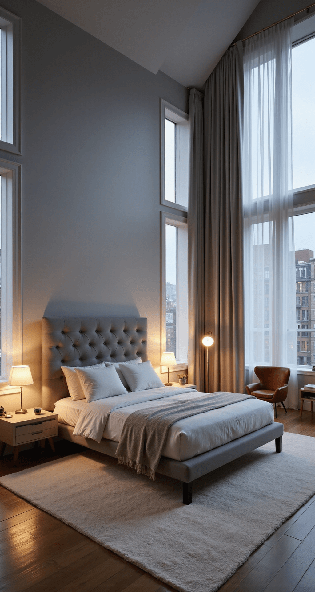 A serene master bedroom at twilight with a king-size platform bed, tufted gray headboard, floating nightstands, sheer white curtains, plush white area rug, and a modern reading nook featuring a leather armchair and brass floor lamp, all bathed in soft warm light.