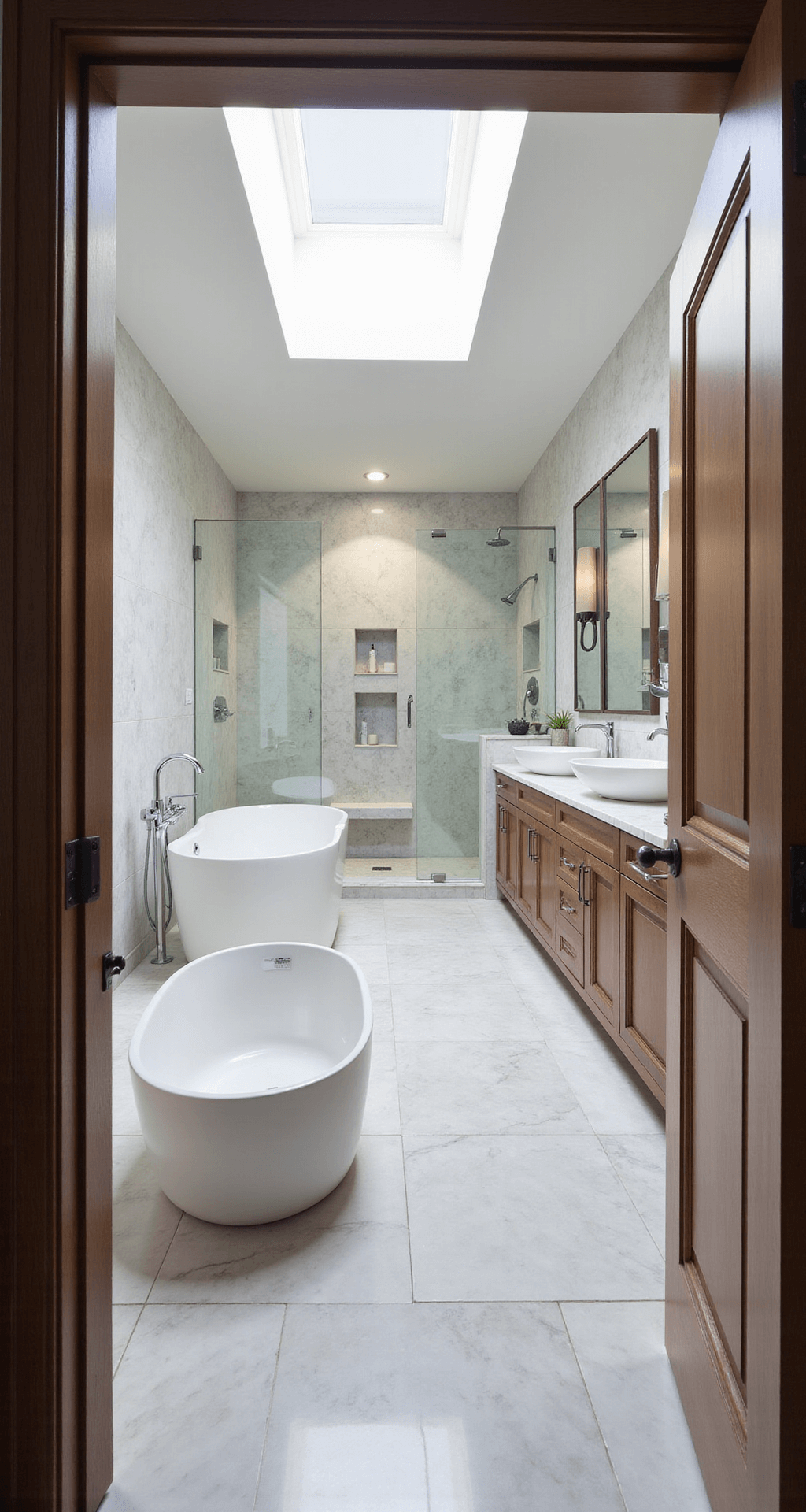 A luxurious 15x18 feet bathroom featuring a freestanding white bathtub, floor-to-ceiling marble tiles, a double vanity with vessel sinks and a large frameless mirror, a glass-enclosed rainfall shower with a built-in bench, and skylights that fill the space with natural light, showcasing a blend of smooth marble, rich wood, and chrome fixtures.