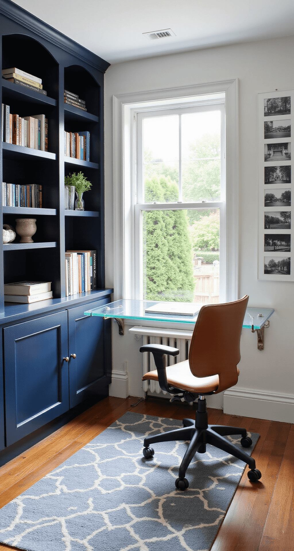 A sunlit chic home office featuring deep navy built-in bookshelves, a sleek glass desk, a cognac leather chair, and a geometric gray and blue rug, with a gallery of black and white photographs on the wall, creating a cozy and creative workspace.