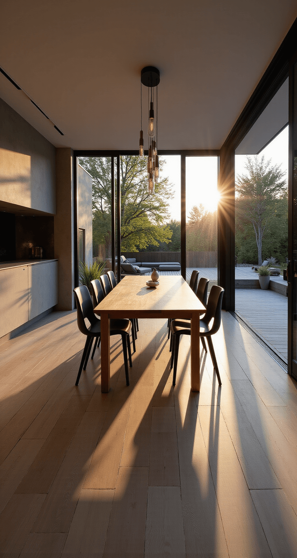A modern dining area with a long wooden table and sleek black chairs, illuminated by a linear chandelier, connects to an outdoor patio through floor-to-ceiling sliding glass doors. The indoor space features a built-in bar with a mirrored backsplash, while the outdoor area includes lounge seating and potted plants. The warm glow of sunset filters through trees, casting shadows on pale wood floors, creating a sophisticated atmosphere for entertaining.