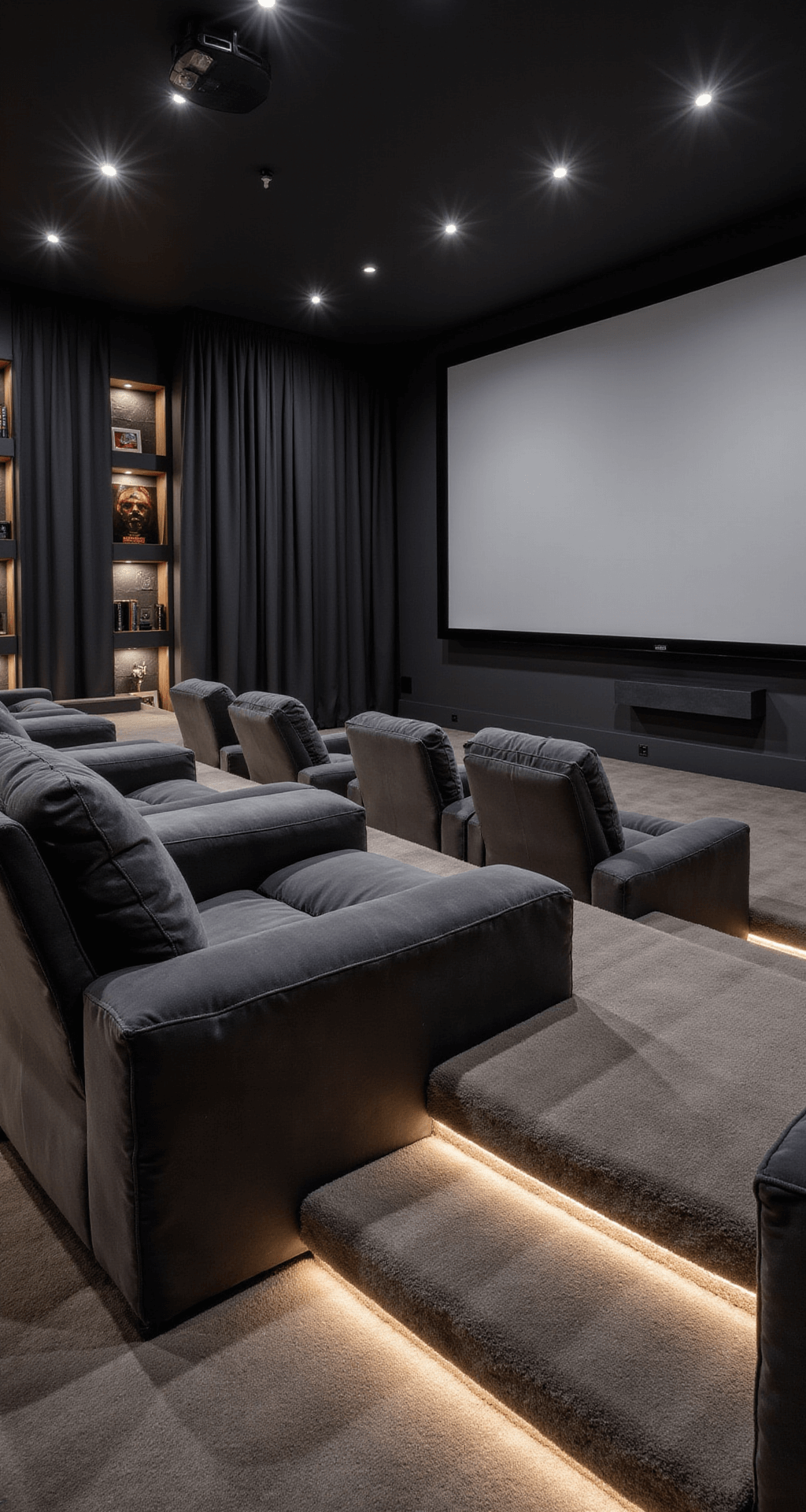 Cozy media room with tiered seating of plush charcoal velvet recliners, a large projection screen, glowing LED lighting, and shelves of movies, designed for ultimate relaxation.