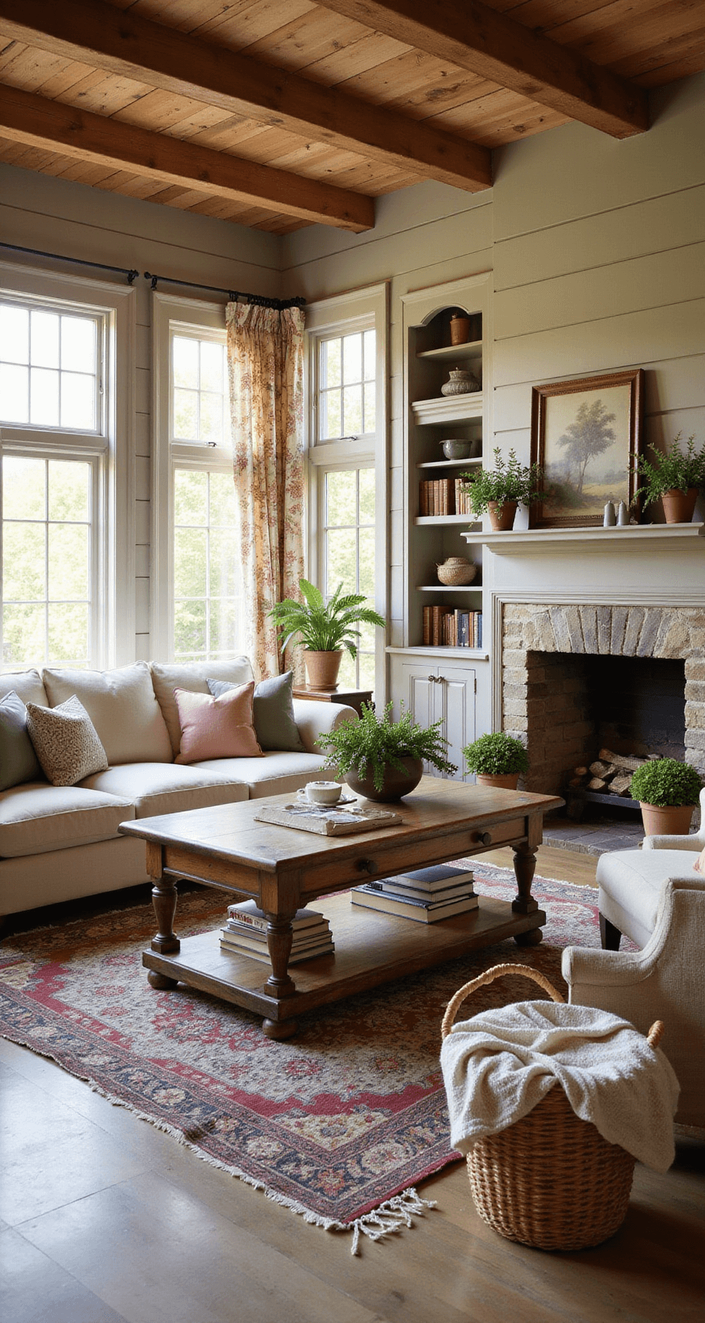 Bloxburg Cottage: A Cozy Dream Home Guide A sunlit cottage living room featuring exposed wooden beams, a stone fireplace, a plush cream sofa with sage and blush pillows, vintage rugs, bookshelves filled with books and herbs, floral curtains, and soft sage shiplap walls, all bathed in warm afternoon light.