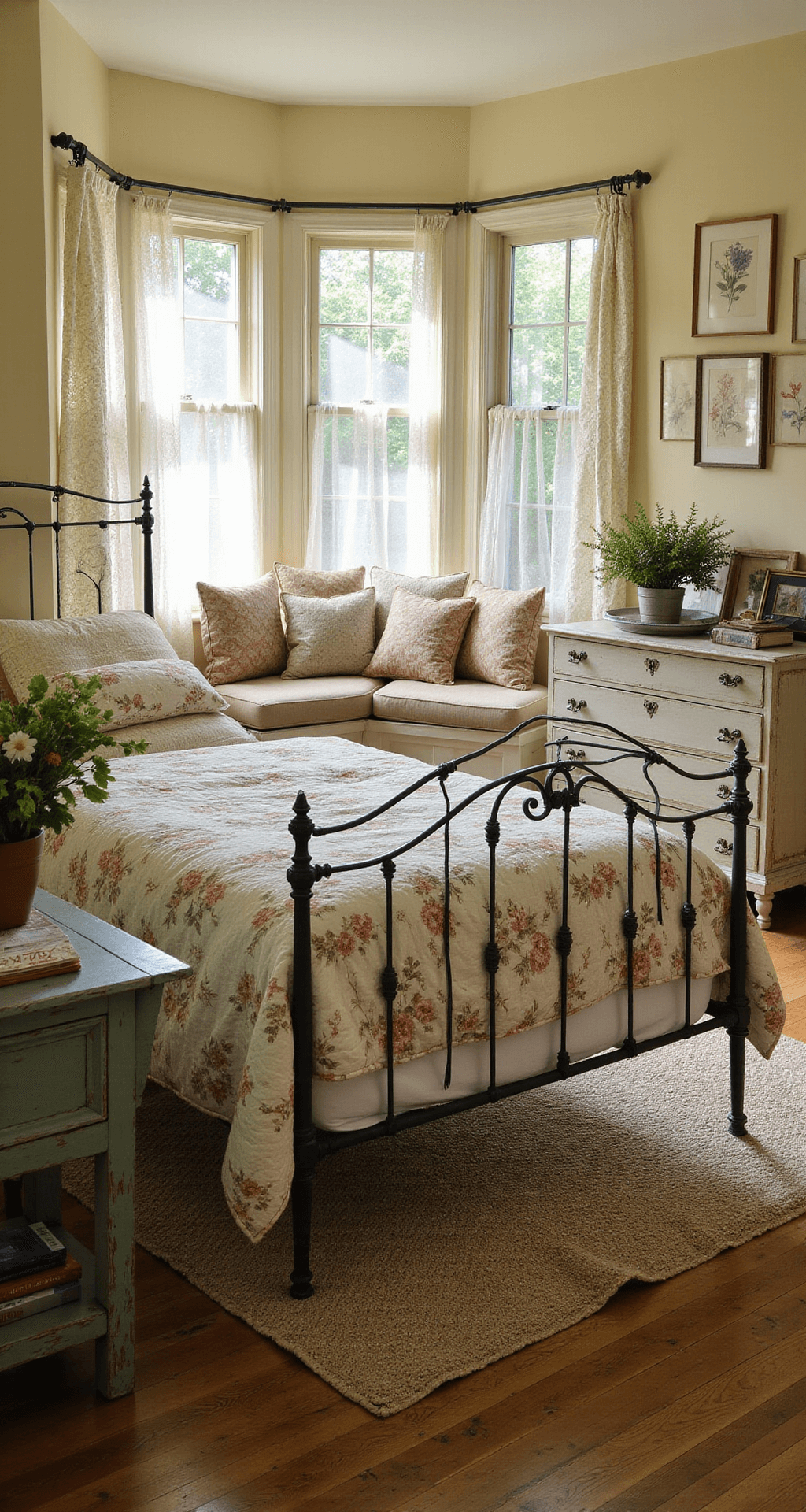 Bloxburg Cottage: A Cozy Dream Home Guide A cozy cottage bedroom with a wrought iron bed, a quilted floral comforter, weathered nightstands, pale yellow walls adorned with botanical prints, and a bay window seat filled with cushions. Sheer lace curtains filter the early morning light, creating a warm ambiance, while a vintage dresser showcases mismatched picture frames and fresh wildflowers, all on muted tones of a braided rug over worn wooden floorboards.
