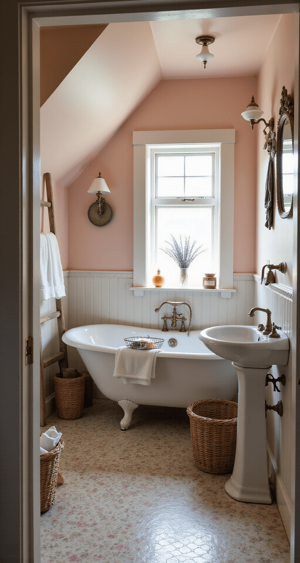 Bloxburg Cottage: A Cozy Dream Home Guide A whimsical cottage bathroom with sloped ceilings, blush-toned walls, a clawfoot tub, floral penny tile flooring, a weathered ladder towel rack, an ornate mirror above a pedestal sink, and a vase of lavender on the windowsill, all bathed in warm evening light.