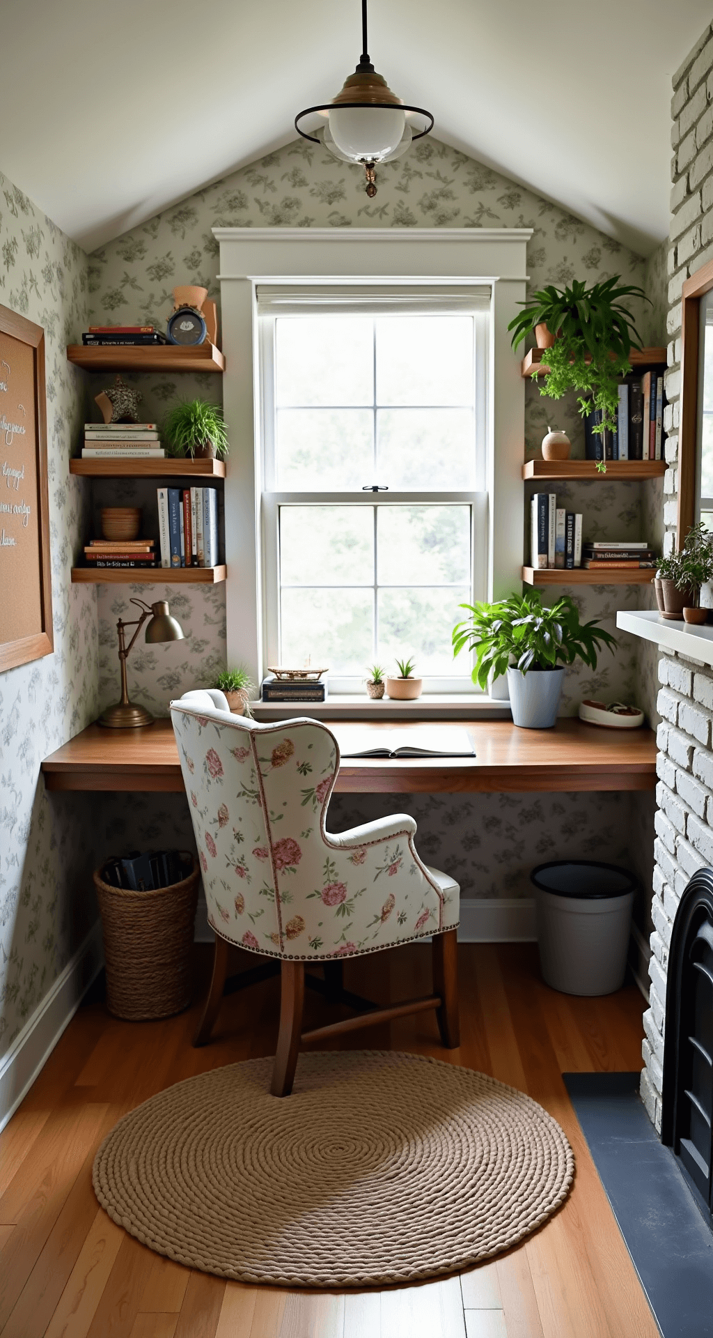 Bloxburg Cottage: A Cozy Dream Home Guide Cozy cottage home office nook with sloped ceiling, featuring a reclaimed wood desk, floral wingback chair, open shelving with books and plants, floral wallpaper, cork board, jute rug, and a small fireplace, illuminated by late morning light.