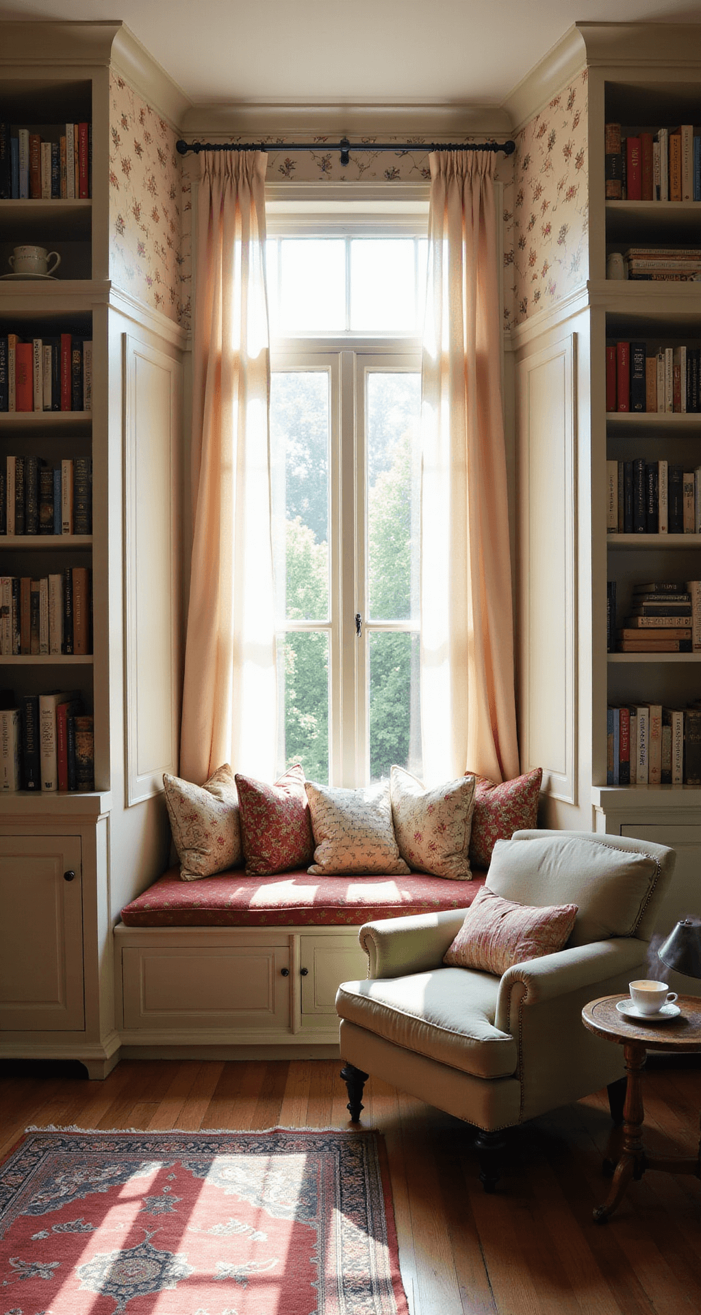 Bloxburg Cottage: A Cozy Dream Home Guide A cozy cottage reading nook bathed in warm late afternoon light, featuring a large bay window with a cushioned seat, built-in bookshelves filled with colorful books, a plush sage velvet armchair, a side table with tea and a vintage lamp, gauzy curtains, delicate bird-patterned wallpaper, and a worn Persian rug.