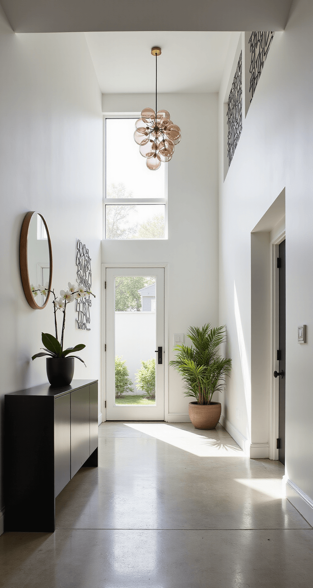 A spacious, modern foyer with 12-foot ceilings, floor-to-ceiling windows, white walls with black metal art, a matte black console table, a single orchid vase, polished concrete floors, a round brass-framed mirror, and a glass orb chandelier, all highlighted by natural light and greenery.