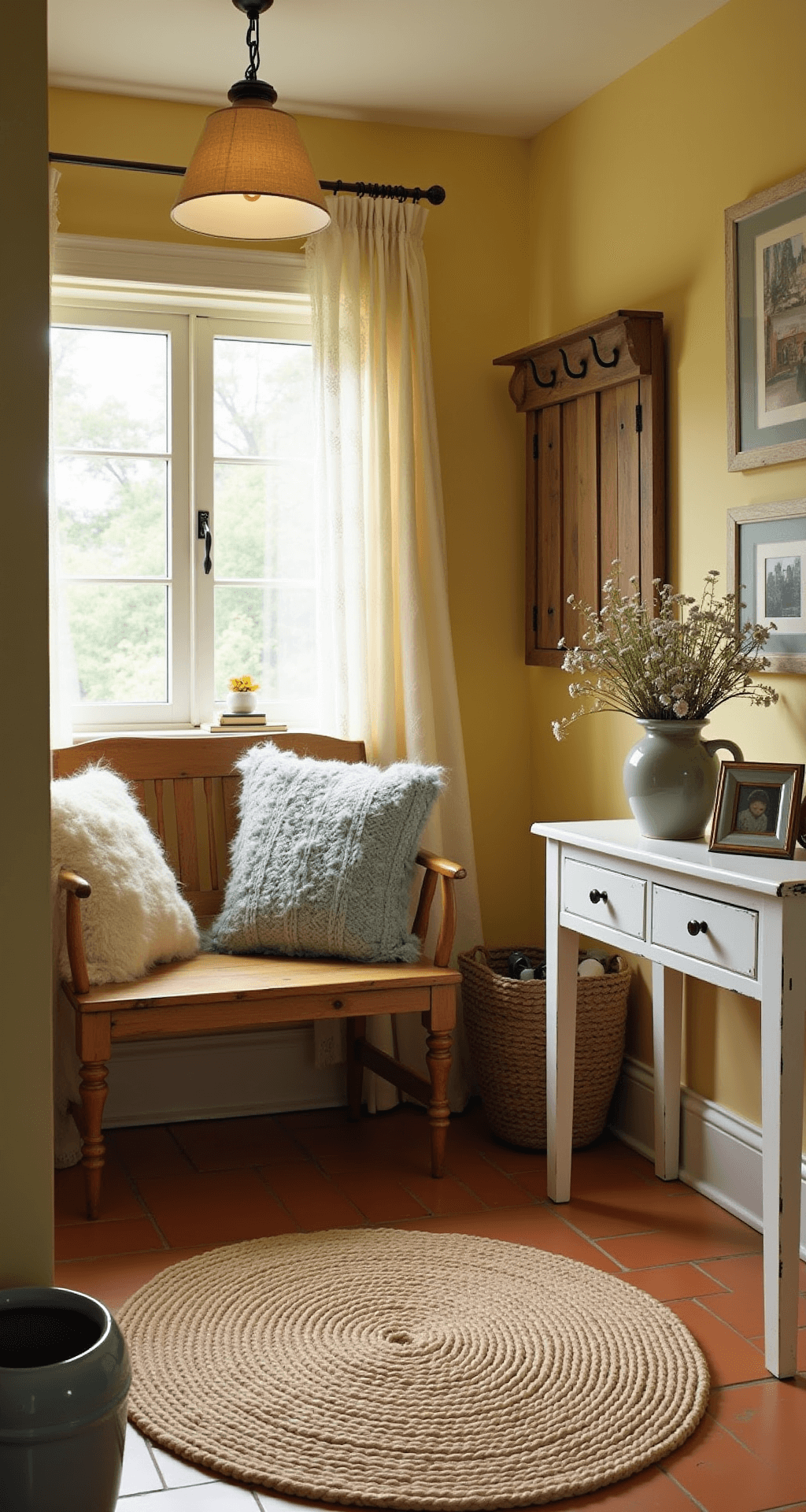 Cozy cottage entryway with warm golden light from a vintage pendant lamp, lace curtains filtering sunlight, a weathered oak bench with plush pillows, a rustic coat rack, a distressed white console table with family photos and wildflowers, a round jute rug on terracotta tiles, and soft buttery yellow walls.