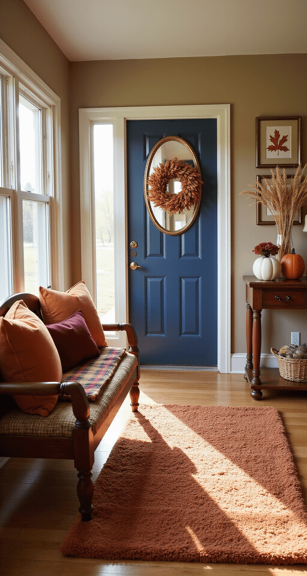 A warmly decorated autumn entryway featuring a deep blue front door, wooden bench with colorful pillows, an oval mirror, a console table adorned with pumpkins and wheat, and a plush rust-toned area rug on oak hardwood floors, all illuminated by golden late morning light.