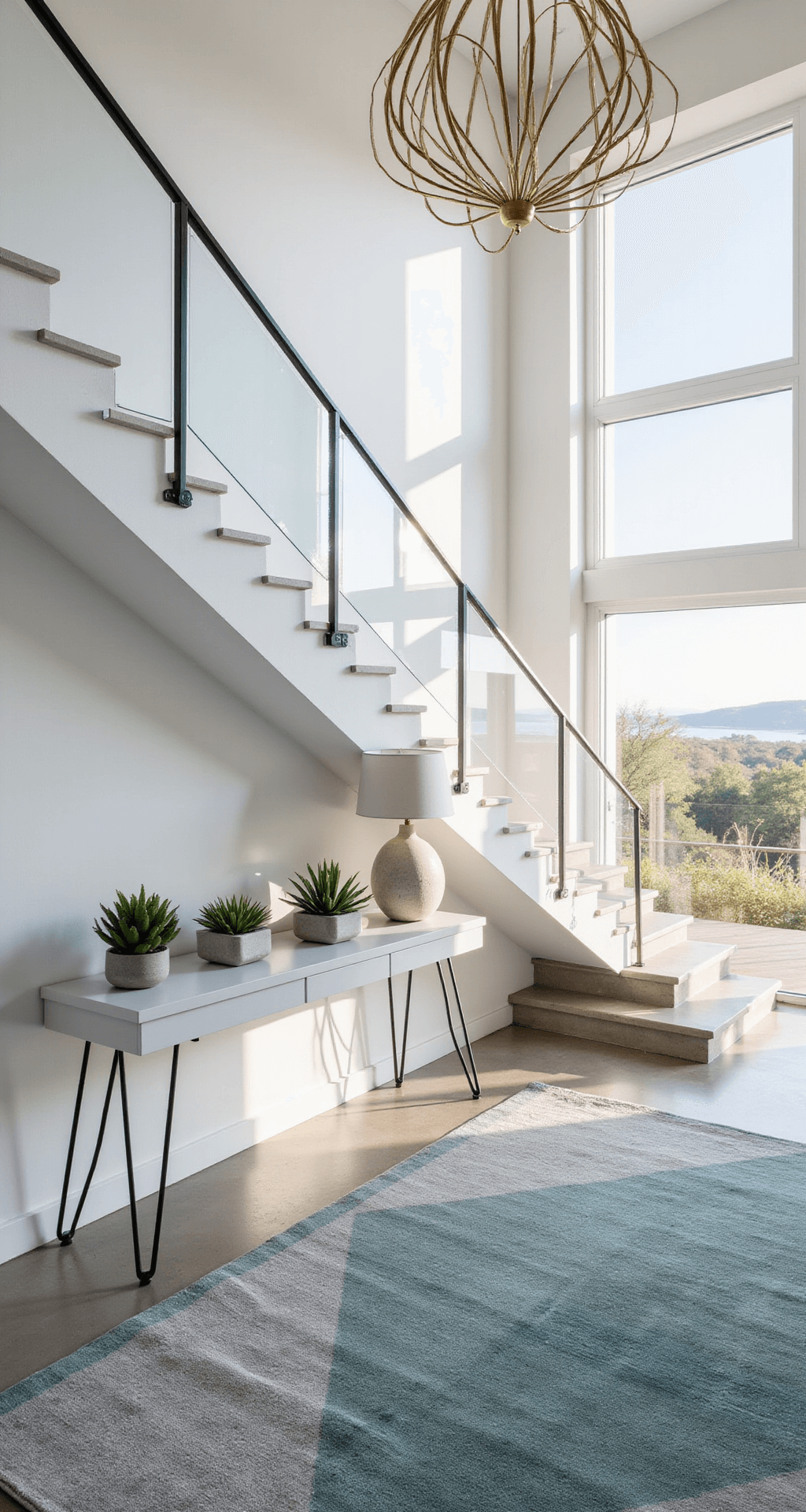 A contemporary entrance with high ceilings and a large window wall, featuring a floating staircase, a white console table with a lamp and succulents, a geometric rug, and a brass chandelier, all illuminated by bright midday sun.