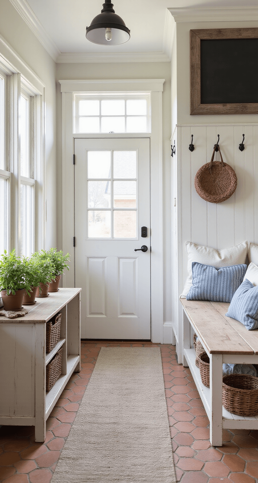 A cozy farmhouse-style mudroom featuring Dutch doors, white shiplap lockers, a rustic bench with cushions, a chalkboard, terracotta tile flooring, and potted herbs on the windowsill, all illuminated by soft morning light.