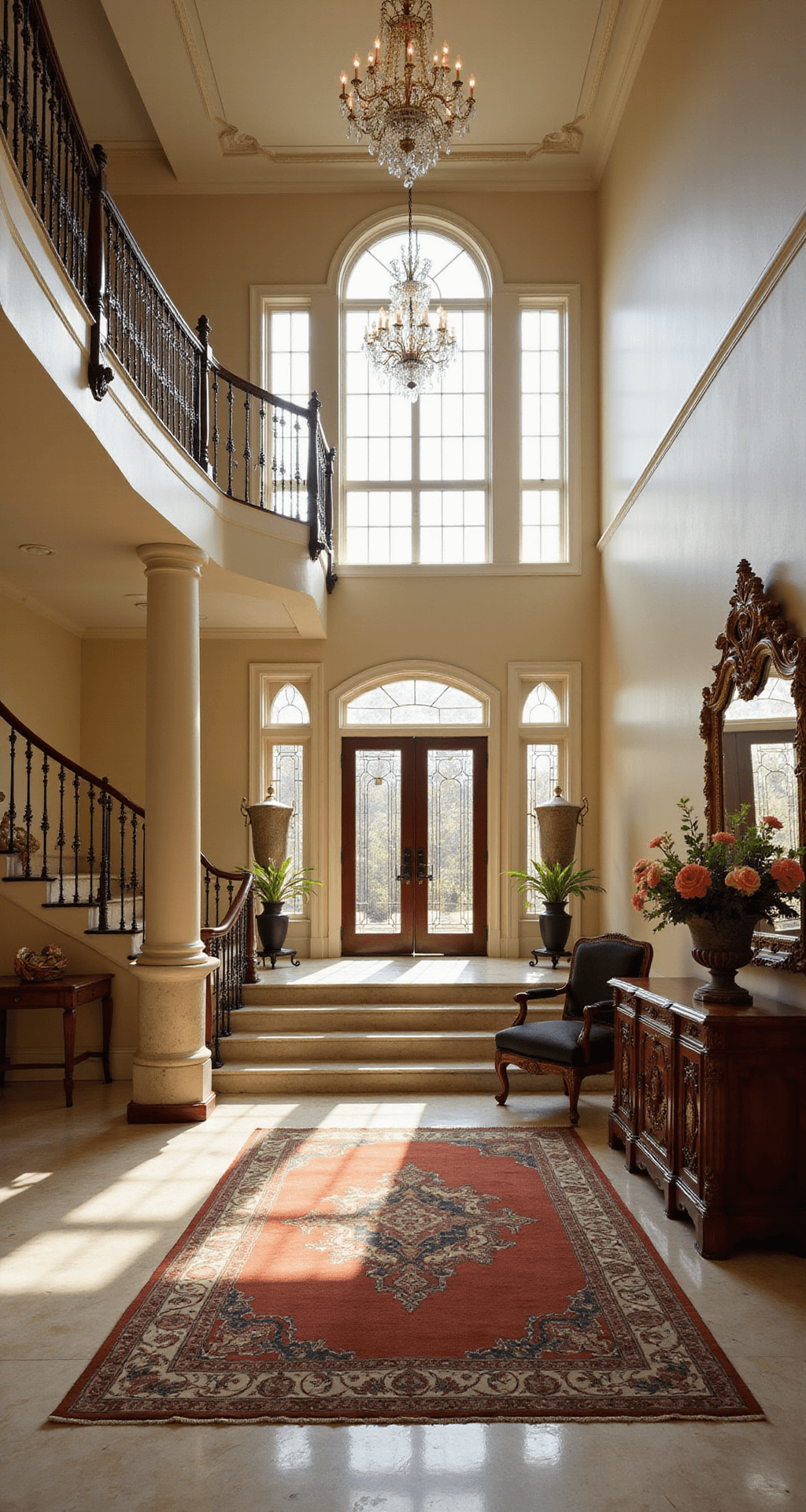 An opulent grand foyer featuring a sweeping staircase, crystal chandeliers, marble floor with intricate inlay, and a plush Persian rug, all illuminated by afternoon sunlight through arched windows.