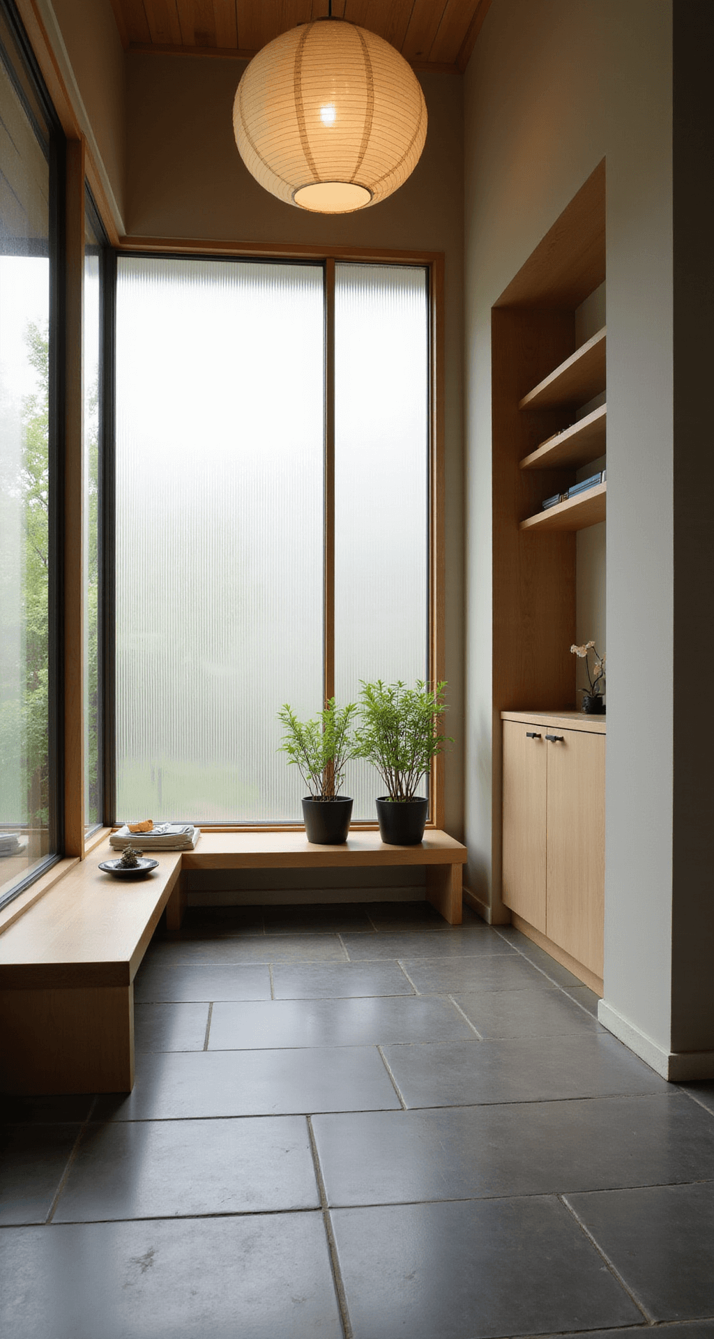 A serene zen-inspired entryway featuring shoji screens, a low wooden bench with river stones and an orchid, a light wood shoe cabinet with a minimalist ikebana, slate tile flooring, and a round paper lantern, all in a neutral color palette with touches of green from bamboo plants.