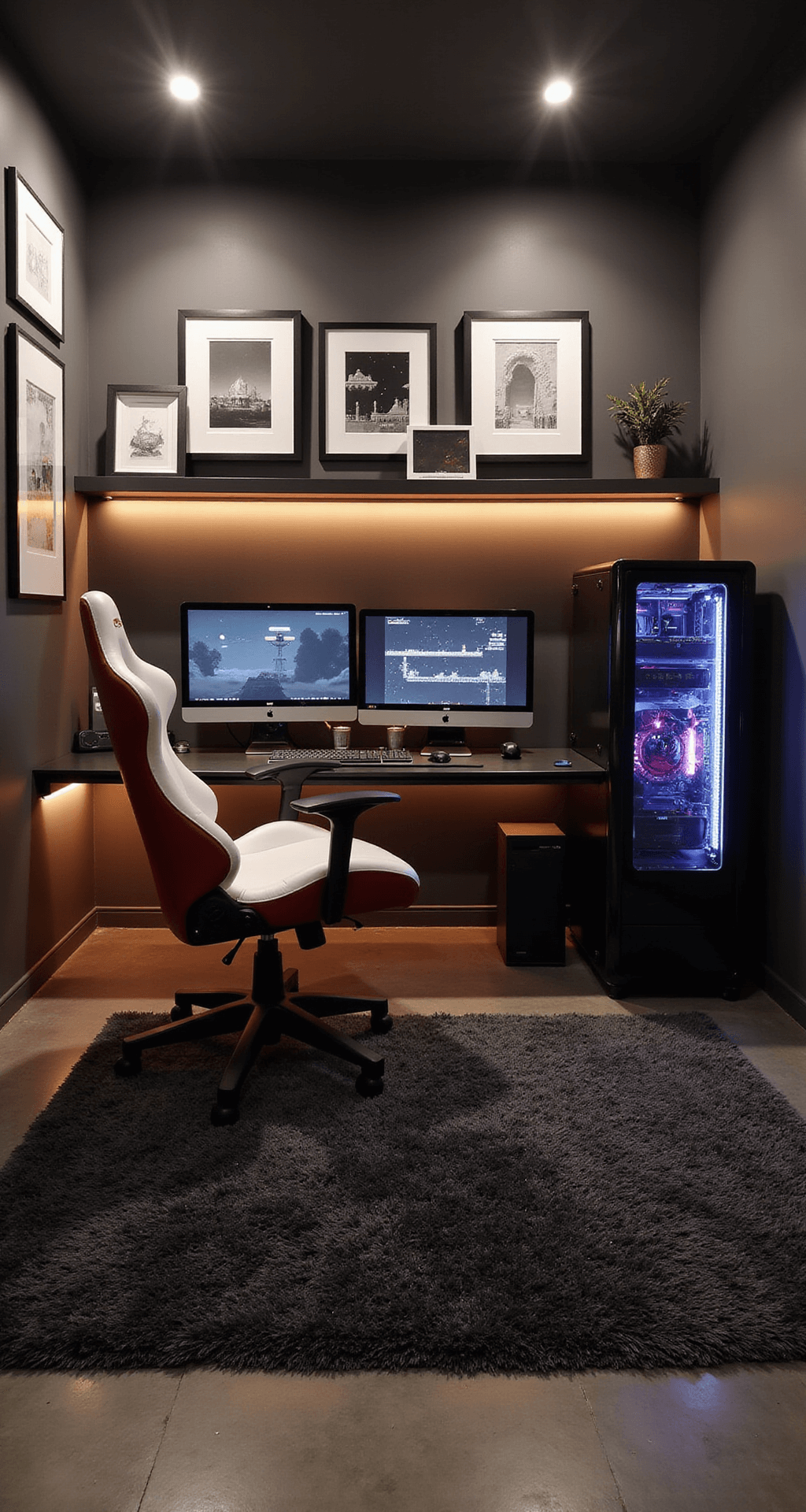 A cozy gaming nook with warm LED lighting, featuring a black tempered glass desk with dual monitors and a custom RGB-lit PC, complemented by a white and red racing chair. The walls showcase minimalist prints of abstract video game levels, and a glowing vintage arcade cabinet is nestled in the corner, all set against a plush charcoal rug on a concrete floor, captured from a low-angle perspective.