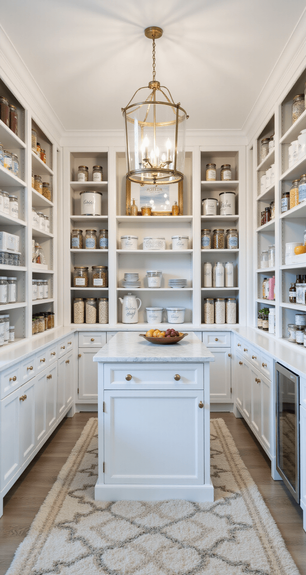 A luxurious 6x6 walk-in pantry featuring white floor-to-ceiling shelving with organized matching containers and designer labels, a marble-topped central island, a brass and glass chandelier, and a geometric-patterned area rug, captured from a bird's-eye view.