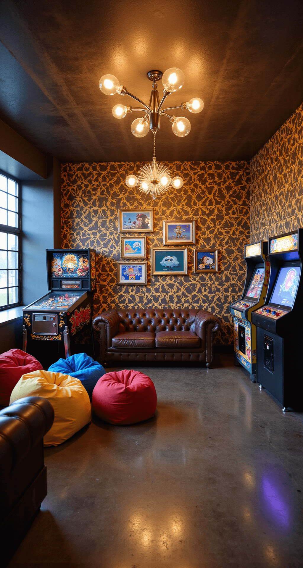 A retro-themed game room featuring a restored pinball machine, vintage arcade cabinets, pixel art prints, a burgundy Chesterfield sofa, and colorful bean bags, all illuminated by a starburst chandelier.