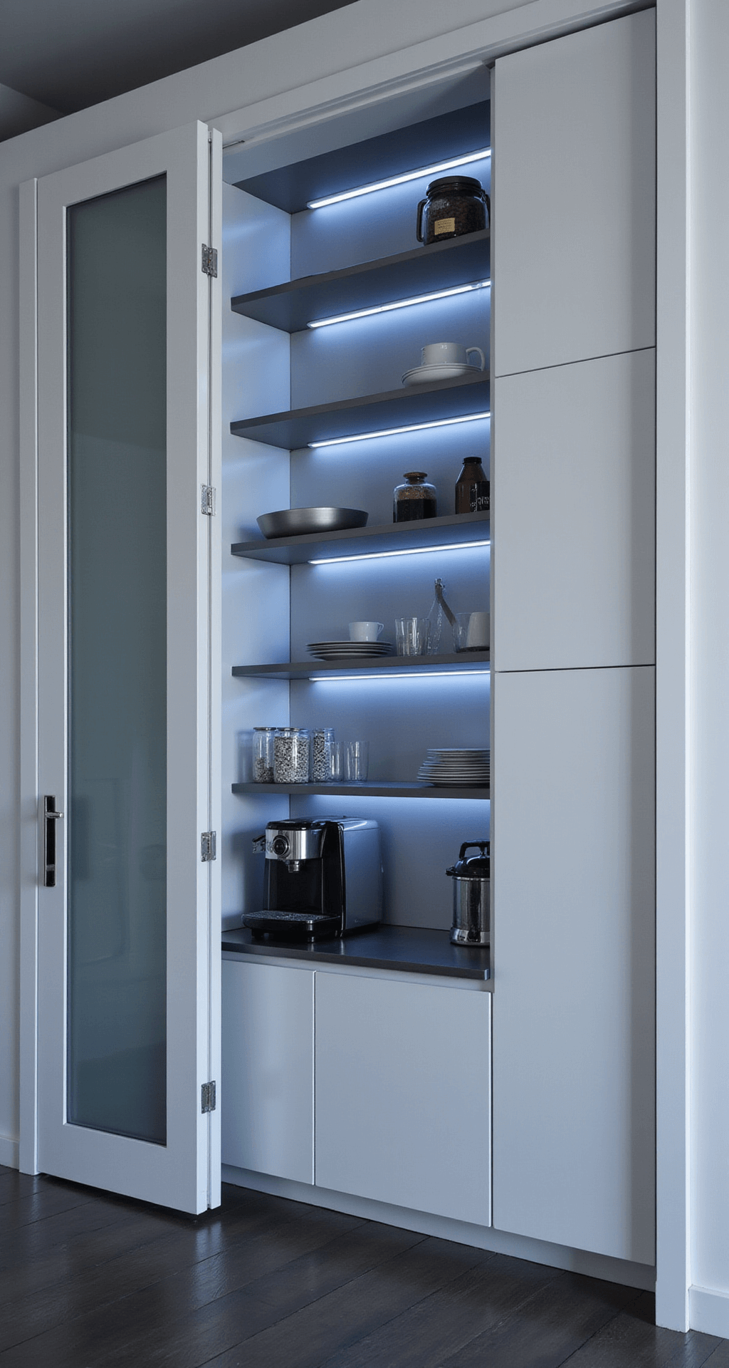 A modern in-wall pantry with glossy white cabinets, LED-lit shelves, monochromatic storage, a coffee station with an espresso machine, and a frosted glass sliding door, all captured in a cool, bluish light.