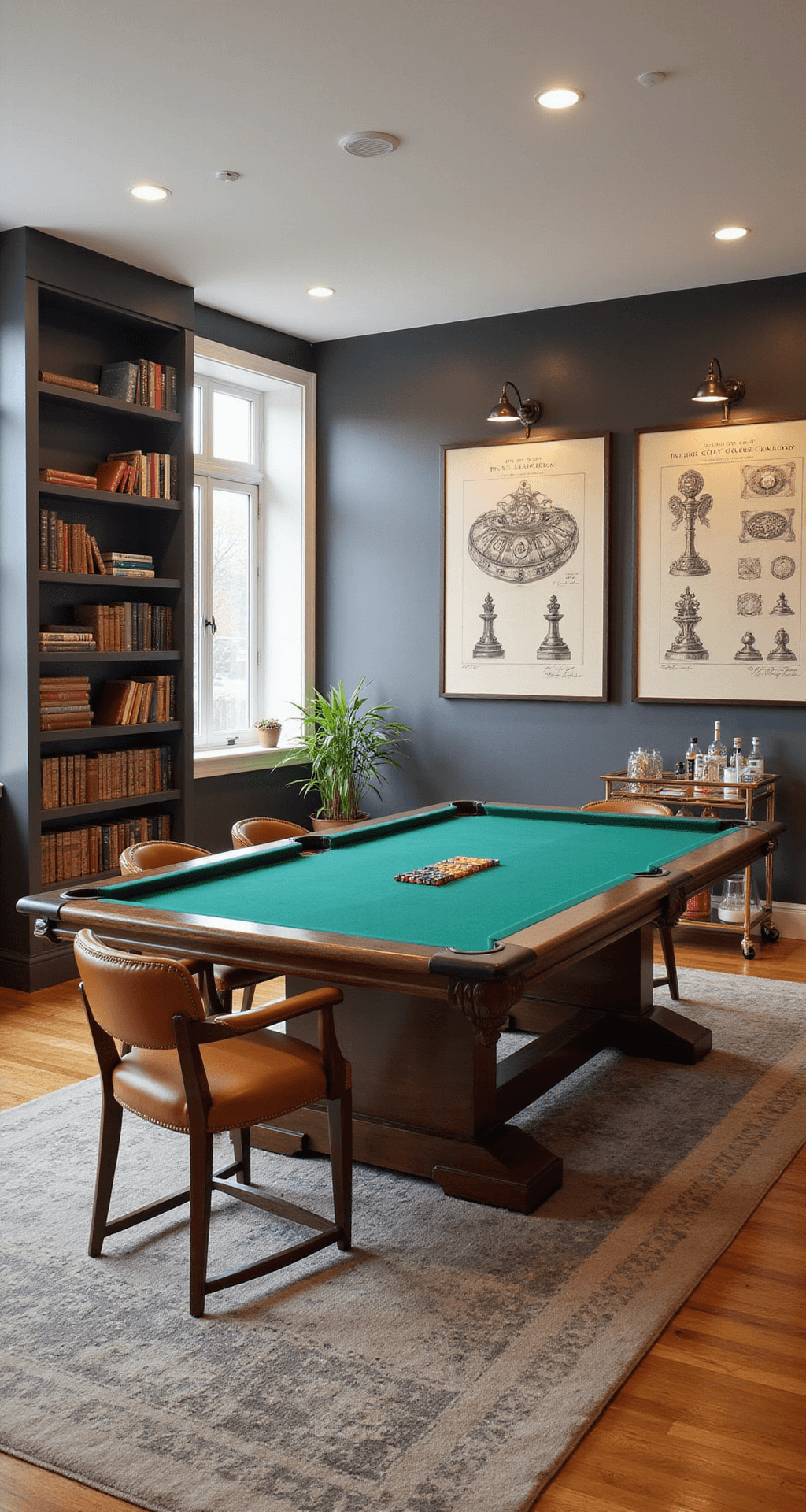 A stylish multipurpose game room featuring a custom poker table, mid-century modern chairs, a floor-to-ceiling bookshelf, vintage patent drawings, a brass bar cart, and an oversized Persian rug, all illuminated by natural light from large windows.