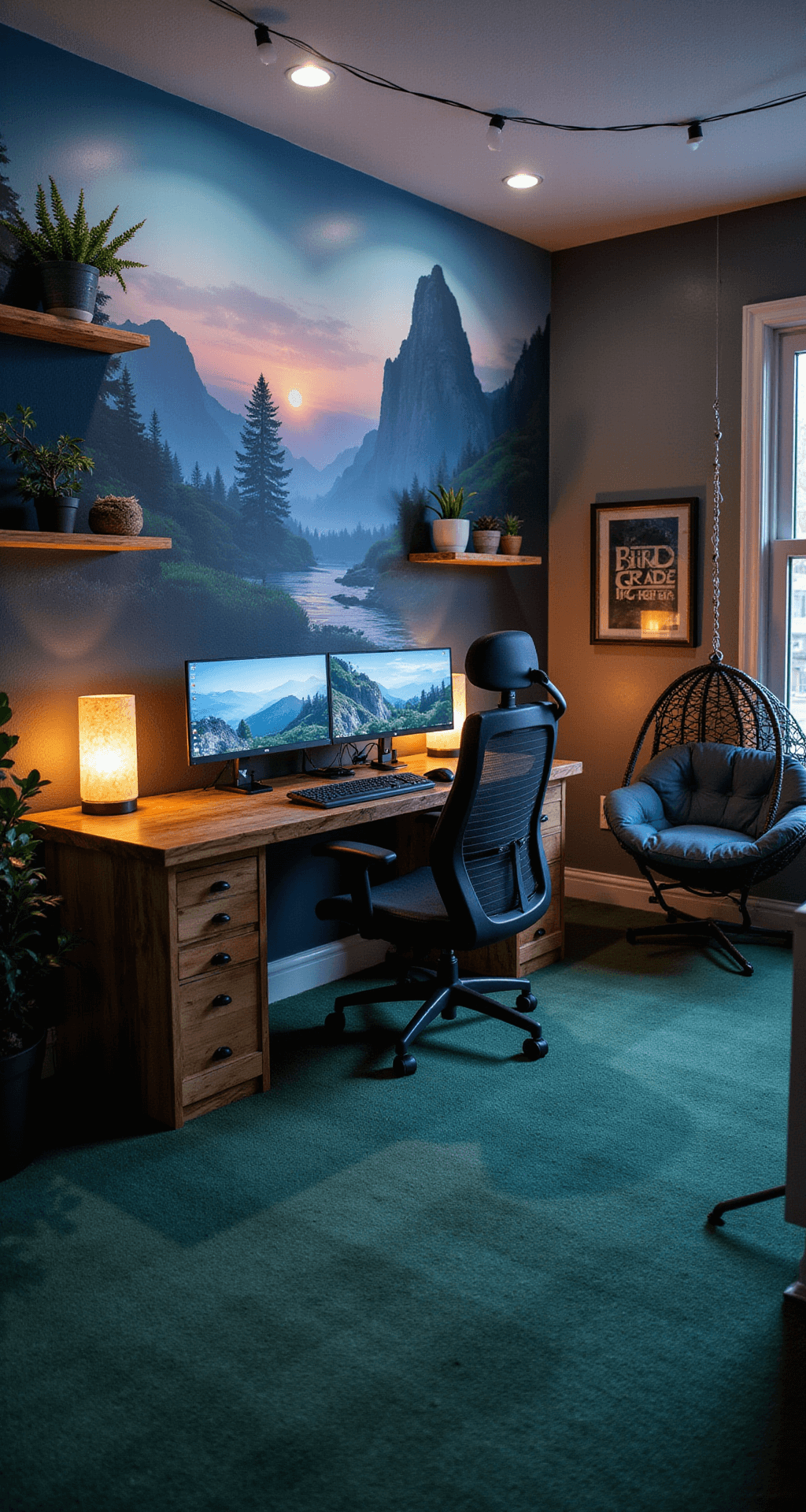 Cozy game room featuring a custom-built gaming PC setup with three curved monitors, L-shaped reclaimed wood desk, ergonomic black mesh chair, and soft ambient lighting from salt lamps and string lights, surrounded by a vibrant floor-to-ceiling mural and lush green carpeting.