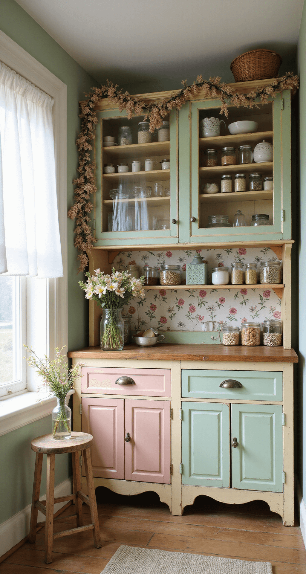 A cozy pantry nook with pastel-painted vintage cabinets, filled with eclectic jars and baskets, adorned with floral wallpaper and a garland of dried flowers, bathed in soft morning light, featuring a wooden step stool with wildflowers, all captured from a low angle for a whimsical, intimate perspective.