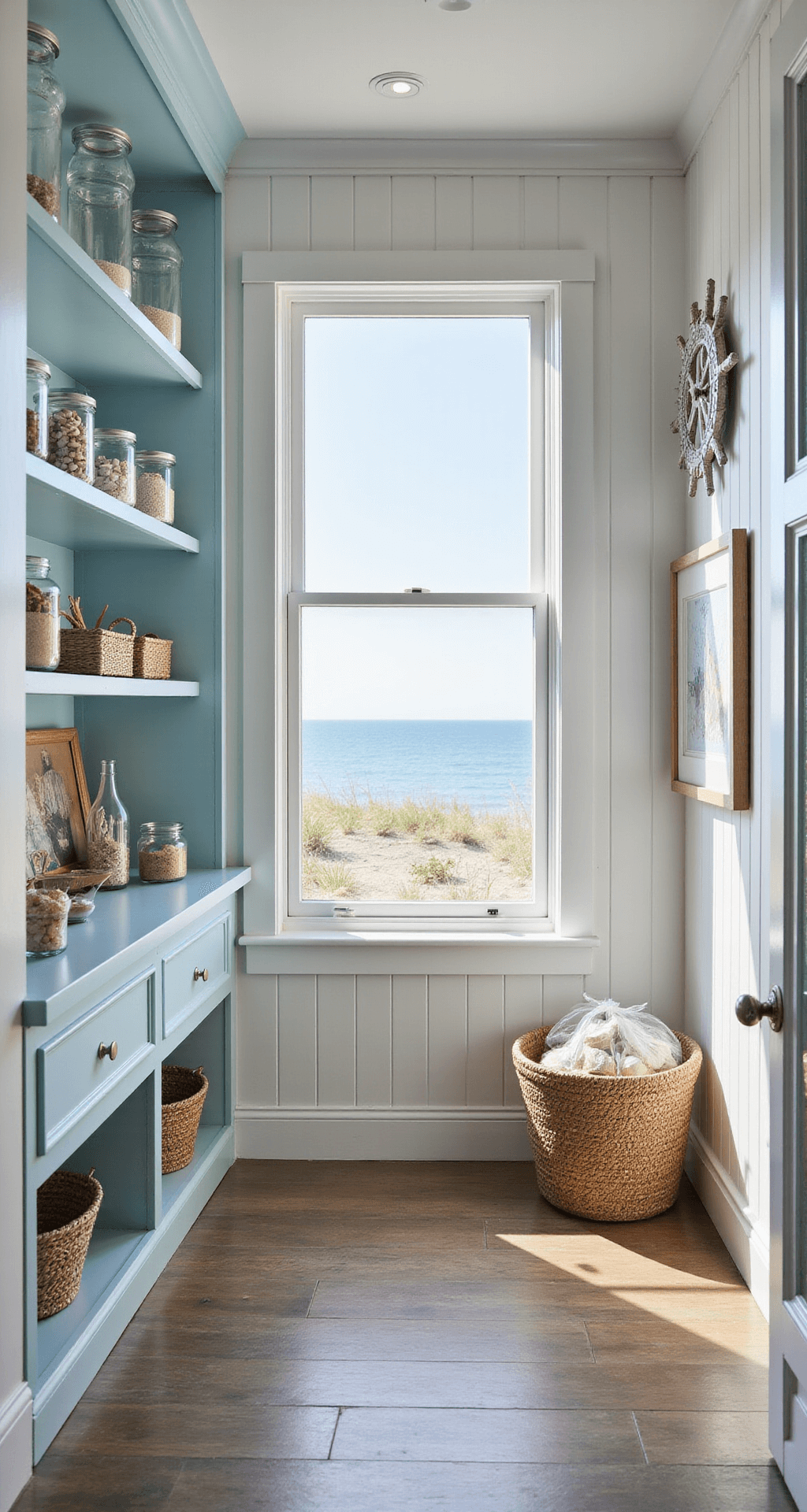 A bright coastal-inspired walk-in pantry with white beadboard walls and pale blue shelving, featuring glass jars with seashells, woven storage baskets, and a ship's wheel clock. Sunlight streams in through a large window, highlighting shades of blue, sandy beige, and white, with rope accents and driftwood details, offering a view of the ocean.