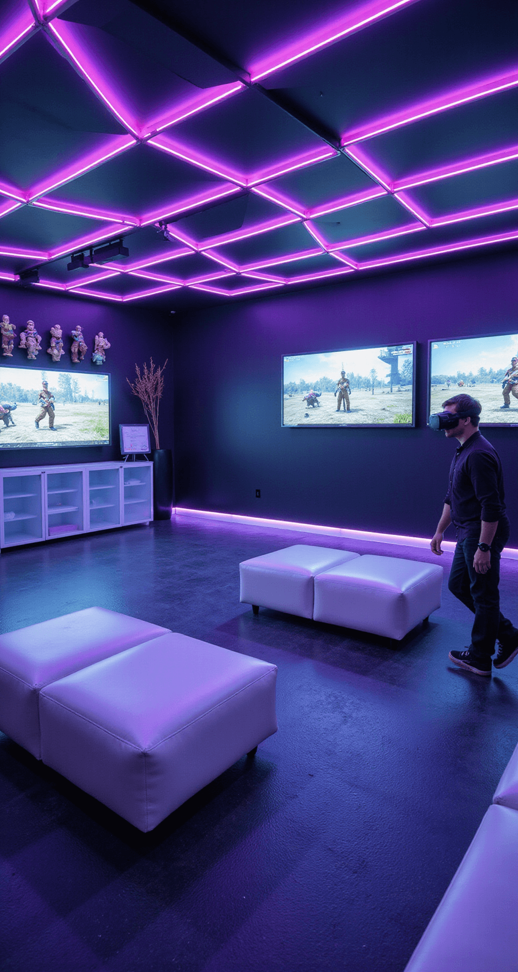 A sleek, futuristic VR gaming room featuring color-changing LED lights, a clear central play area with textured rubber flooring, multiple floating screens displaying game output, and a wall of 3D-printed game character models, captured in a close-up shot highlighting a player in action.