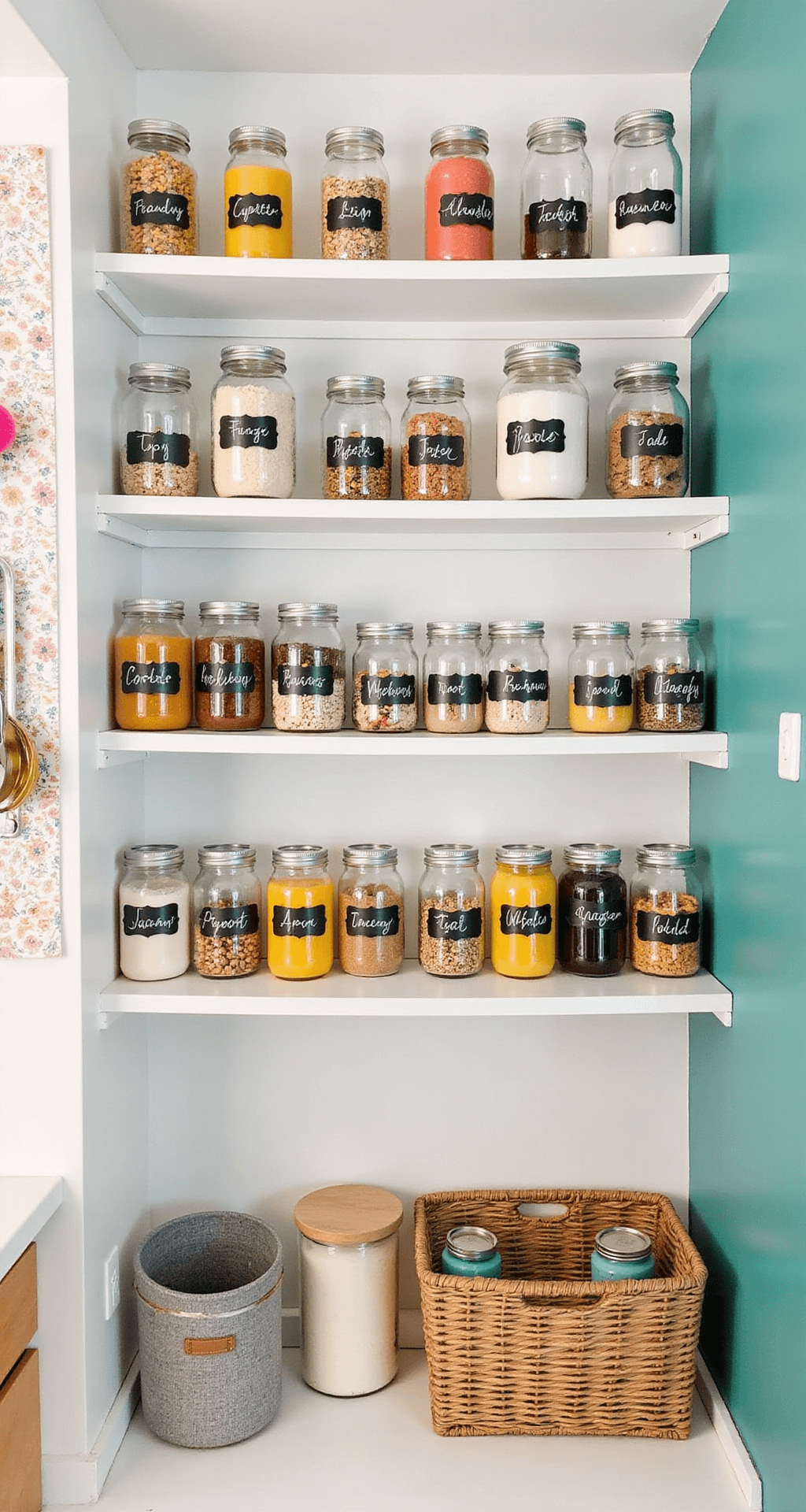 A budget-friendly pantry makeover featuring colorful contact paper-covered shelves, mason jars with chalkboard labels, a pegboard for utensils, and handmade pompom garlands, all in a cheerful teal, yellow, and coral color palette against a neutral backdrop.