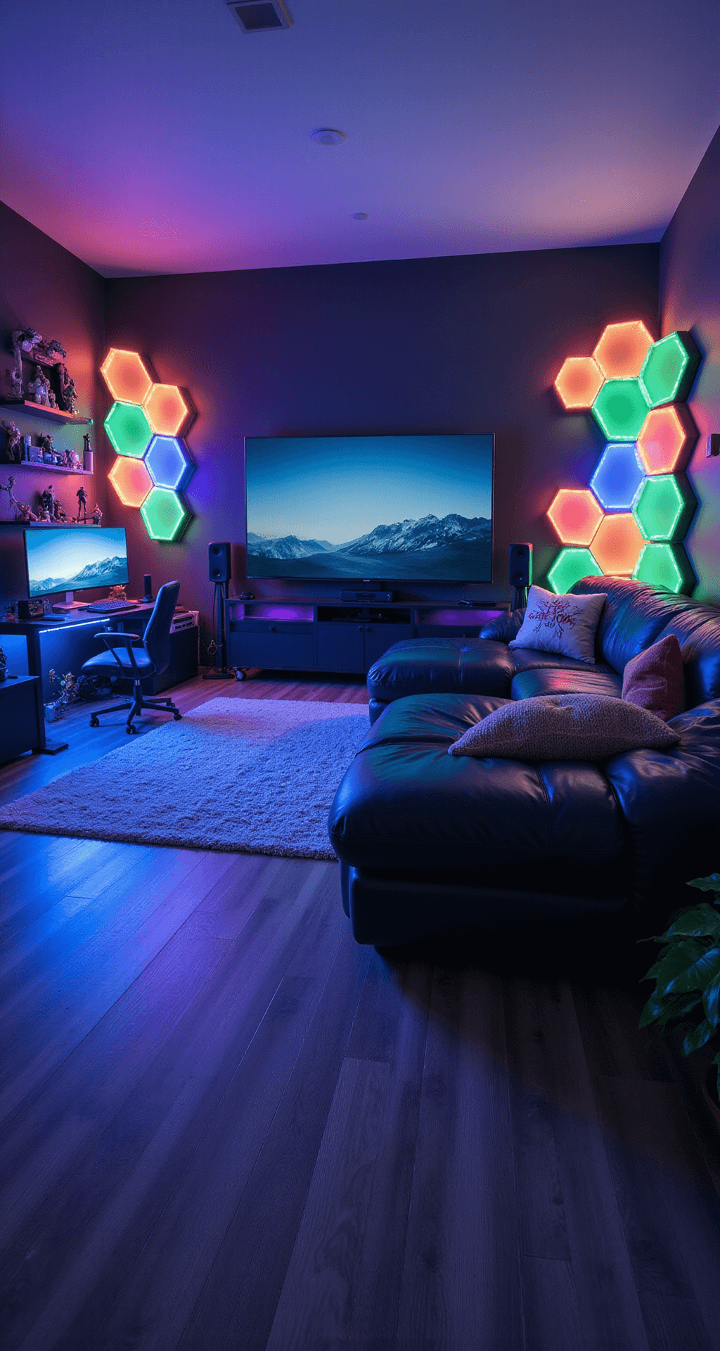 A high-tech game room featuring a large curved TV, LED panels in rainbow hues, a leather sectional with gaming pillows, and a multi-monitor gaming desk, all illuminated by evening light in deep blue and purple tones.