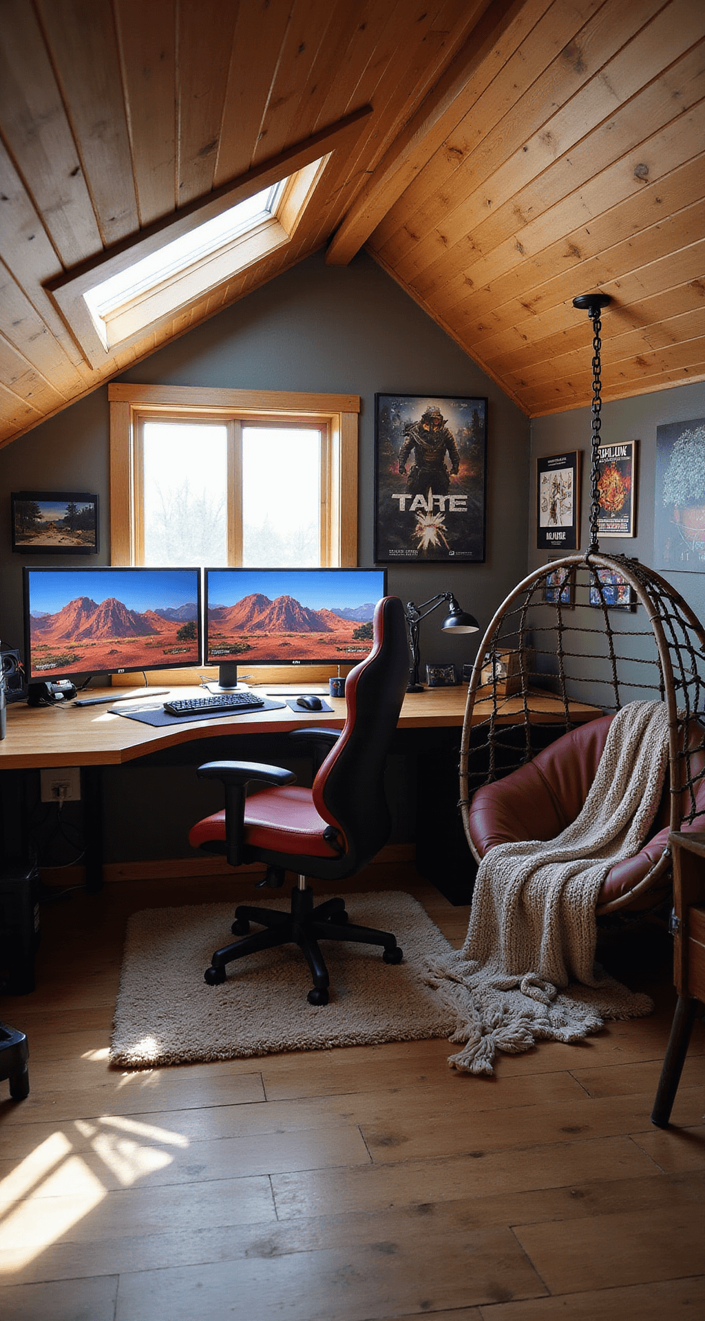 A cozy gaming nook under a sloped attic ceiling, featuring a custom gaming desk with dual ultrawide monitors, an ergonomic black and red gaming chair, vintage posters, and a reading corner with a hanging egg chair, all illuminated by warm sunlight from a skylight.