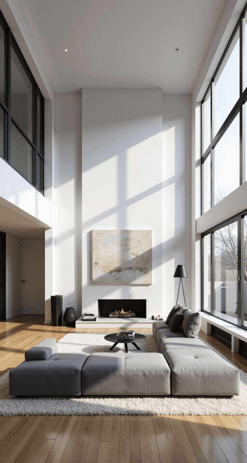 A spacious modern living room with 12' ceilings, featuring a grey sectional, minimalist fireplace, abstract canvas, and large windows letting in morning sunlight, all in a monochromatic color scheme.